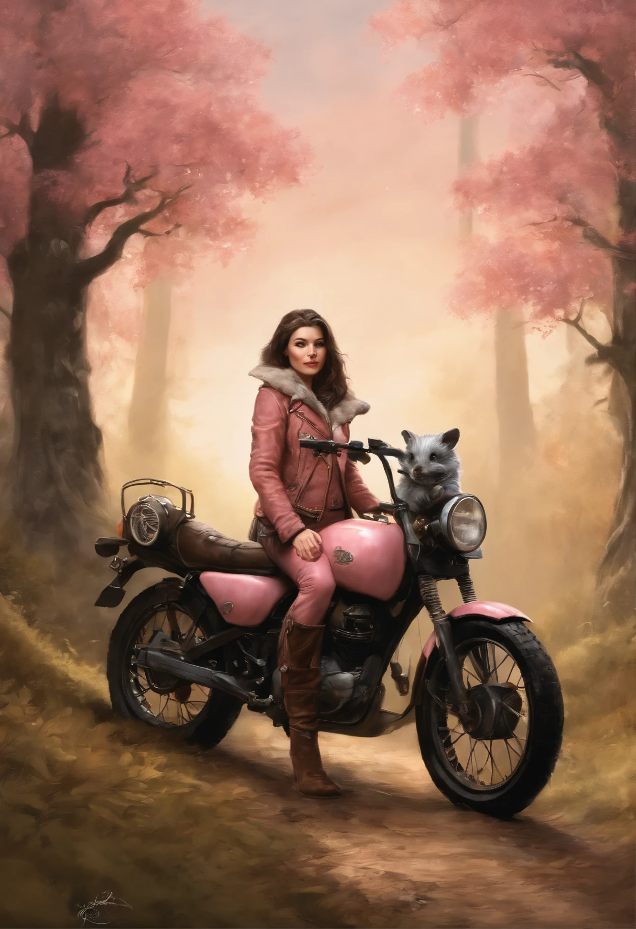 真实感, dark fantasy style, John Tolkien style, Small painting by Jean-Baptiste Monge, fluffy gopher girl with big breasts and big ears, looks like a gopher girl, Wearing a short pink leather jacket....., Jeans, Standing next to a motorcycle, woods, Forest Trail, Big Oak, jean - baptiste monge, anthropomorphic --ar 2:3 --testp -optimistic;