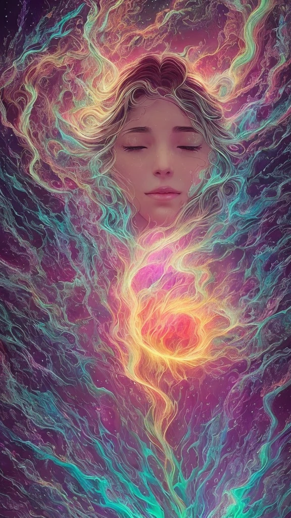 inconceivable and spectacular a scene of emergence of a figure crying from the glowing cloud, tears, fear, flowing, bioluminescent skin, fractal nebula threads, iridescent, rain, cosmic entities, celestial, cosmic, transparent, vibrant and vivid, swirls, twirling, unrealistic, high contrast, symobolism, magical, mystical, mystifying, hyperrealistic, oversaturate, colorfully, sadness, hopeless, heartbreak, dark, sobbing