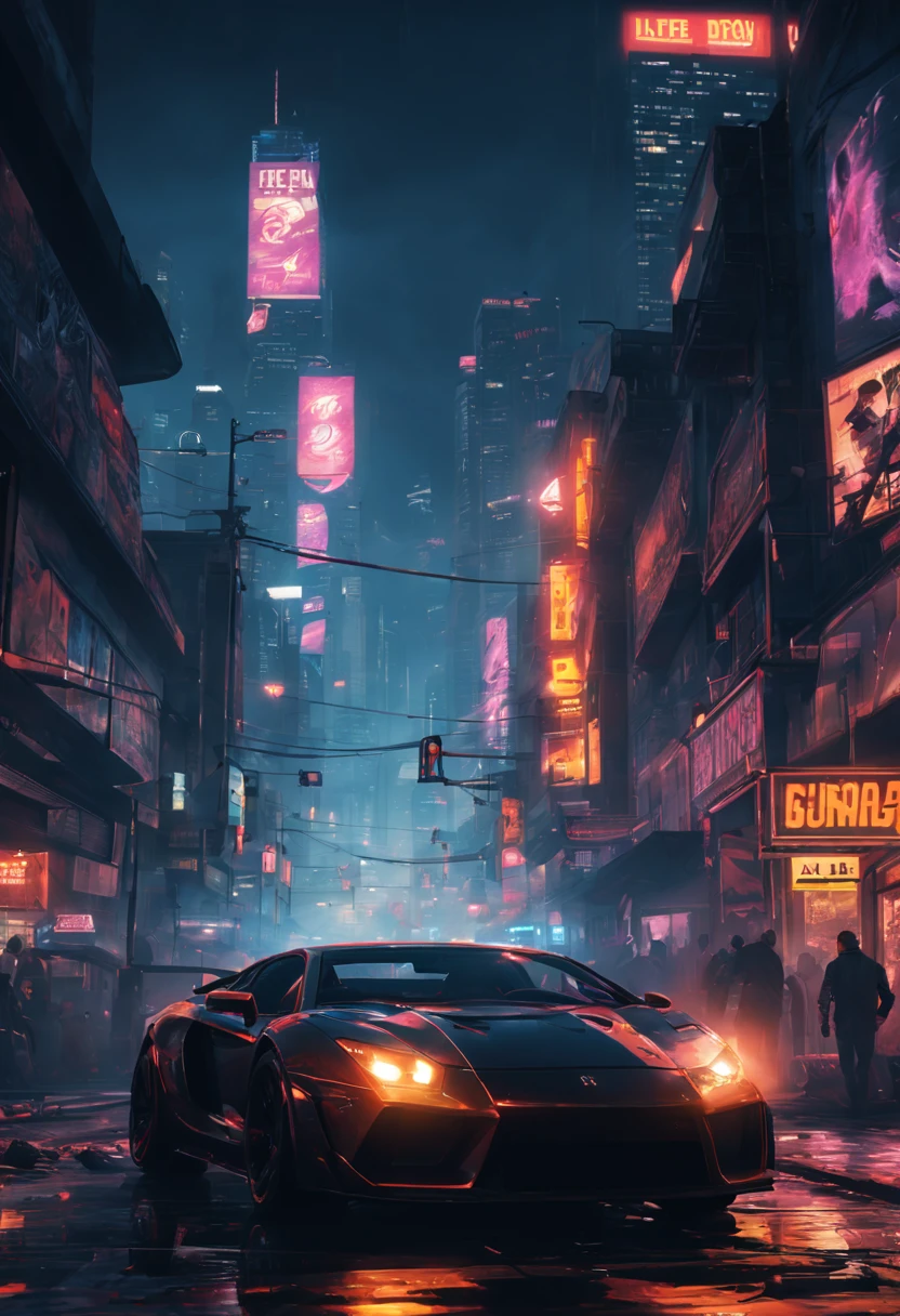 (best quality,4k,highres,masterpiece:1.2),ultra-detailed,realistic,grand theft auto,double exposure,movie poster,illustration,gritty atmosphere,futuristic cityscape,neon lights,explosions,dynamic action sequence,fast cars,criminal underworld,shadows and highlights,high contrast, chaos,vibrant colors,sleek and stylish characters,detailed facial expressions,city streets filled with life,crime and danger,nighttime setting,exciting and intense,tense and suspenseful,edgy and raw,glowing reflections,motion blur,movie credits in bold fonts,dark and moody,retro art style,evocative composition,iconic and memorable characters,stylish fashion and accessories,high-tech gadgets and weapons,over-the-top action,thematic visual motifs,graffiti and street art,impressive skyline,key moments from the game,imposing sense of scale,immersive and cinematic experience,-fueled gameplay.