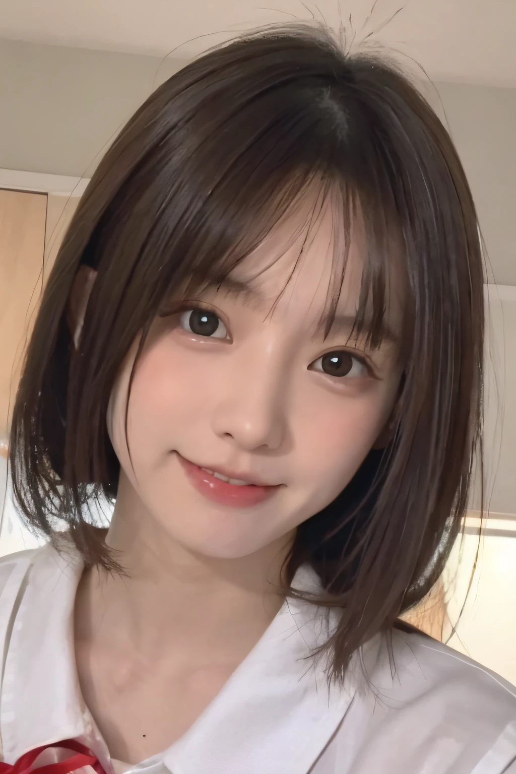 masutepiece, Best Quality, 8K, 15yo student, japanes、, Raw photo, award winning portrait, A smile, Solo, Night, Idol face, violaceaess, gardeniass, Delicate girl, Upper body, Digital SLR, Looking at Viewer, Candid, Sophisticated, zora々Right, Thin arms, Professional Lighting, Film grain, chromatic abberation, (Eyes and faces with detailed:1.0), A dark-haired、drooing eyes、Japanese high school girl、kawaii faces:1.2, dark brown eyes、Eyes glow、Charming、