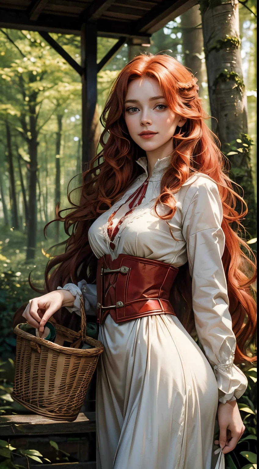 1 woman, beautiful Irish woman, 23 years old, solo focus, long wavy red hair, hazel eyes, pretty smile, medium breasts, slender body, peasant maiden costume, choosing groceries, masterpiece, ultra HD, raw photos, detailed skin textures, detailed face, detailed hair, perfect hands, dynamic angle, blurred background, forest edge, looking away