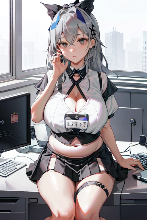 Silver Wolf， Horn Demon Star Orbit， 1girll， 独奏， （（white  shirt））， black thighhigns， nedium breasts，， 校服， office backdrop， a black skirt， pleatedskirt， office room， hair between eye， hair adornments，big cleavage breasts， long whitr hair， looking at viewert， silver short nails， Gray eye， 独奏， Thighs, thighs， upper legs， （（tmasterpiece））， Sat down， a chair， desks， Computer on the desk， name badge， ID tags， inside in room， Be red in the face， a sexy pose， with hands behind her back，（（Office top）），pregnant belly，Pregnant belly