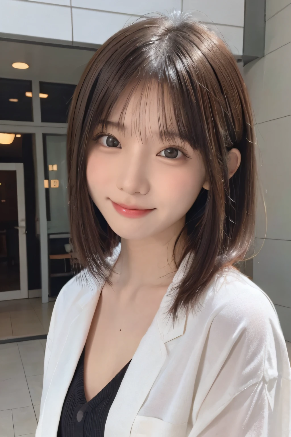 masutepiece, Best Quality, 8K, 15yo student, japanes、, Raw photo, award winning portrait, A smile, Solo, Night, Idol face, violaceaess, gardeniass, Delicate girl, Upper body, Digital SLR, Looking at Viewer, Candid, Sophisticated, zora々Right, Thin arms, Professional Lighting, Film grain, chromatic abberation, (Eyes and faces with detailed:1.0), A dark-haired、drooing eyes、Japanese high school girl、kawaii faces:1.2, dark brown eyes、Eyes glow、Charming、