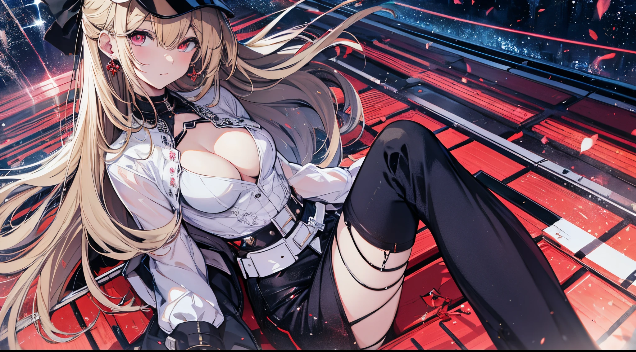 ((tmasterpiece:1.4, Best quality))+, (hyper-detailing)+, (exquisite red eye:1.5)+, (Detailed ears:1.5), (cute girls), (The shirt,black long pants:1.5), Tight black silk, Very long hair, (Red Odachi:1.2), pale-skinned, (red cloth:1.5), (black fingernails:1.4), town, Sitting on a park bench, gold earring, blue butterflies, delicate legs,spark effect,Red sunglasses, (Art Girl:1.1), (dawn light:1.2), ), (closeup cleavage:1.1), the only person, Hairbell, combed blonde hair, hair covering one eye, V-shaped eyebrows, Gloom (Expressing the), from back, from the above, Best quality, A high resolution, high detal, high high quality, 16k