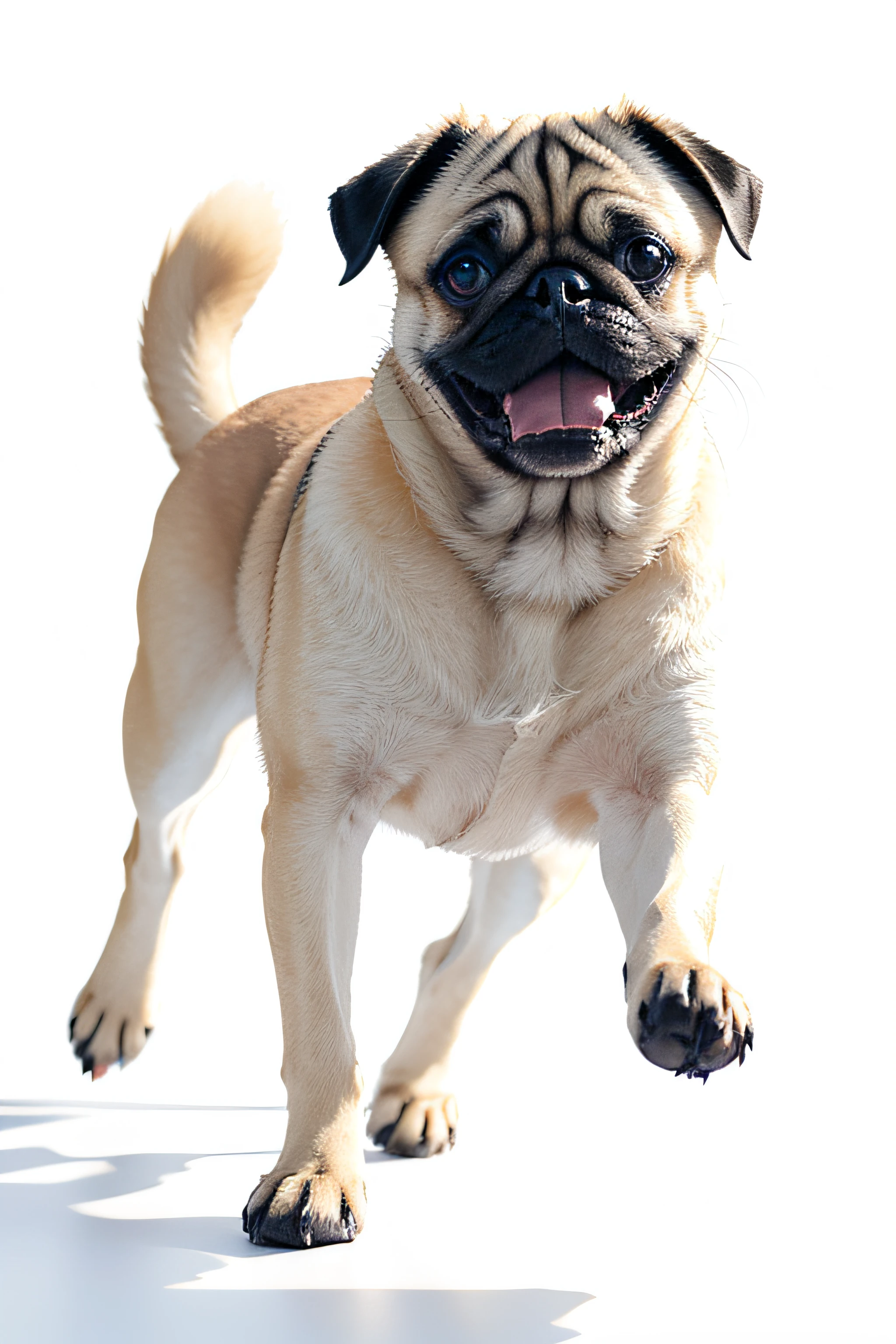 Pug smiling and running in front of white background