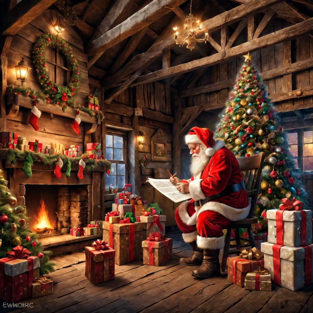 In a European style house,Santa Claus looking at gift list,Gift decoration Christmas tree, santa, Christmas gifts everywhere,Very high resolution, traditional art, Santa Claus Studio, 超高分辨率, illustratio, Christmas evening, extremely high resolution, Santa Claus in rustic barn, hyper realisitc,Exquisite、Best quality、ultra - detailed、nice、Positioning details、colorful colorful