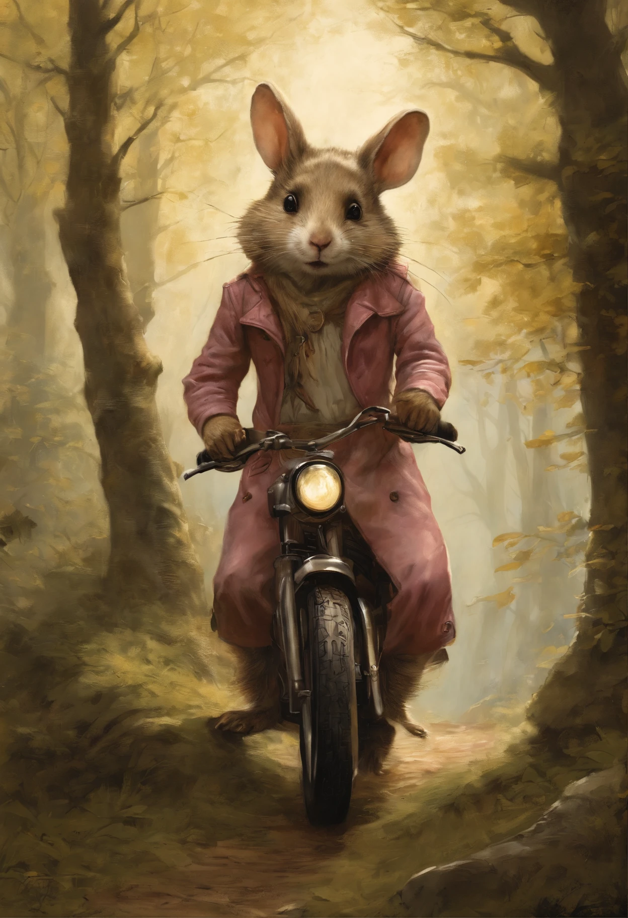 真实感, dark fantasy style, John Tolkien style, Small painting by Jean-Baptiste Monge, fluffy gopher girl with big breasts and big ears, looks like a gopher girl, Wearing a short pink leather jacket....., Jeans, Standing next to a motorcycle, woods, Forest Trail, Big Oak, jean - baptiste monge, anthropomorphic --ar 2:3 --testp -optimistic;