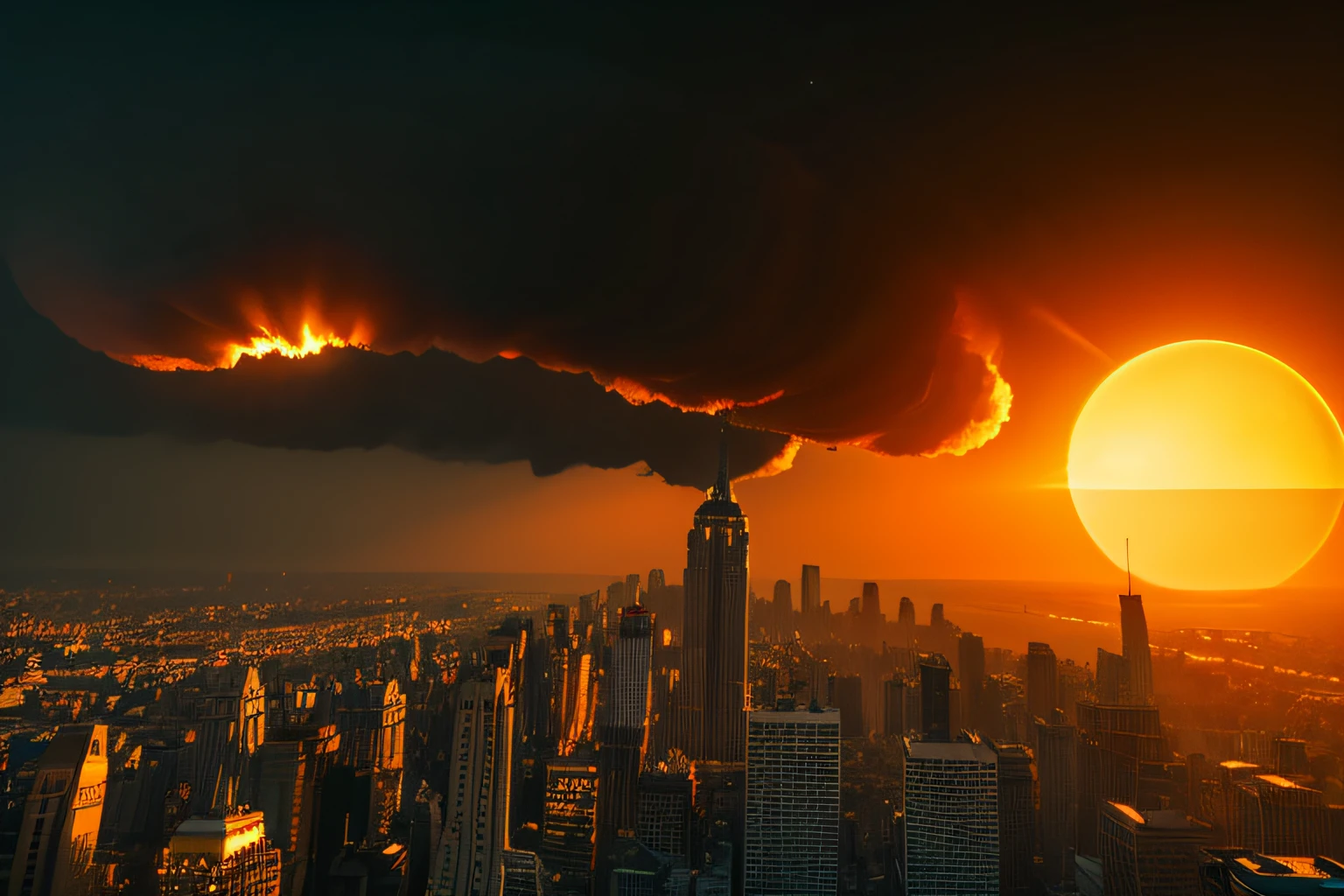 Giant Sun、８K、high-level image quality、sun approaching earth、Temperatures will rise and humans will no longer be able to live there、the sun is approaching、Realistic image、cities are disappearing、Scary images、Burning city area、urgent