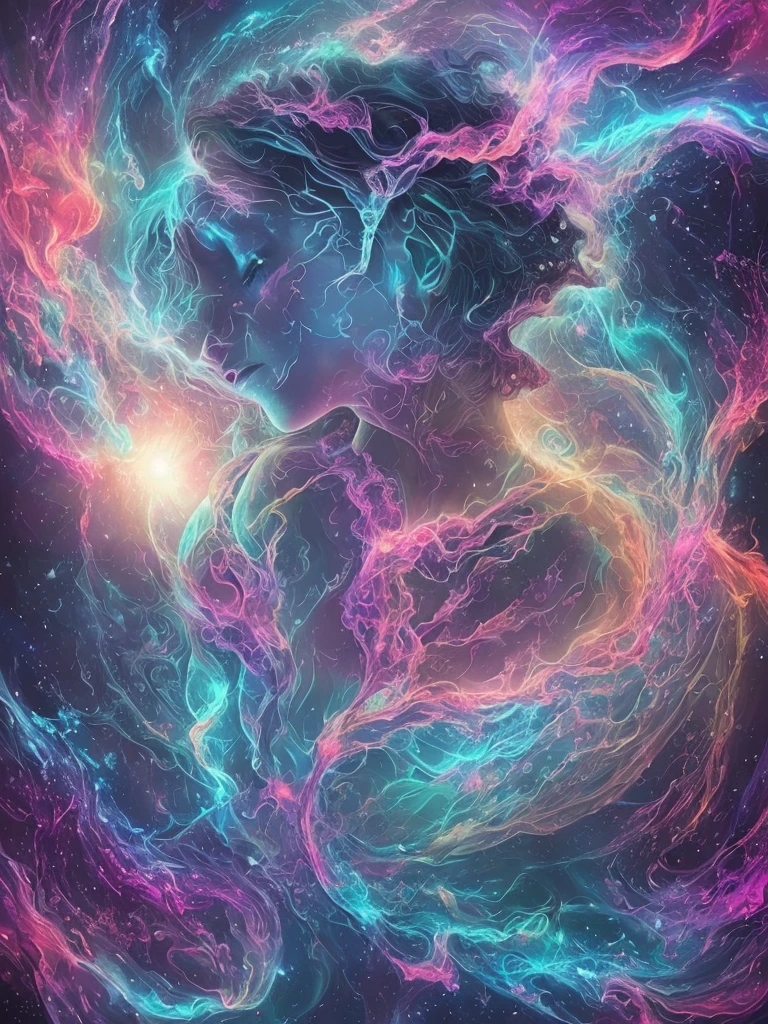 inconceivable and spectacular a scene of emergence of a figure crying from the glowing cloud, shining heart, tears, fear, flowing, bioluminescent skin, fractal nebula threads, iridescent, rain, cosmic entities, celestial, cosmic, transparent, vibrant and vivid, swirls, twirling, unrealistic, high contrast, symobolism, magical, mystical, mystifying, hyperrealistic, oversaturate, colorfully, sadness, hopeless, heartbreak, dark, sobbing