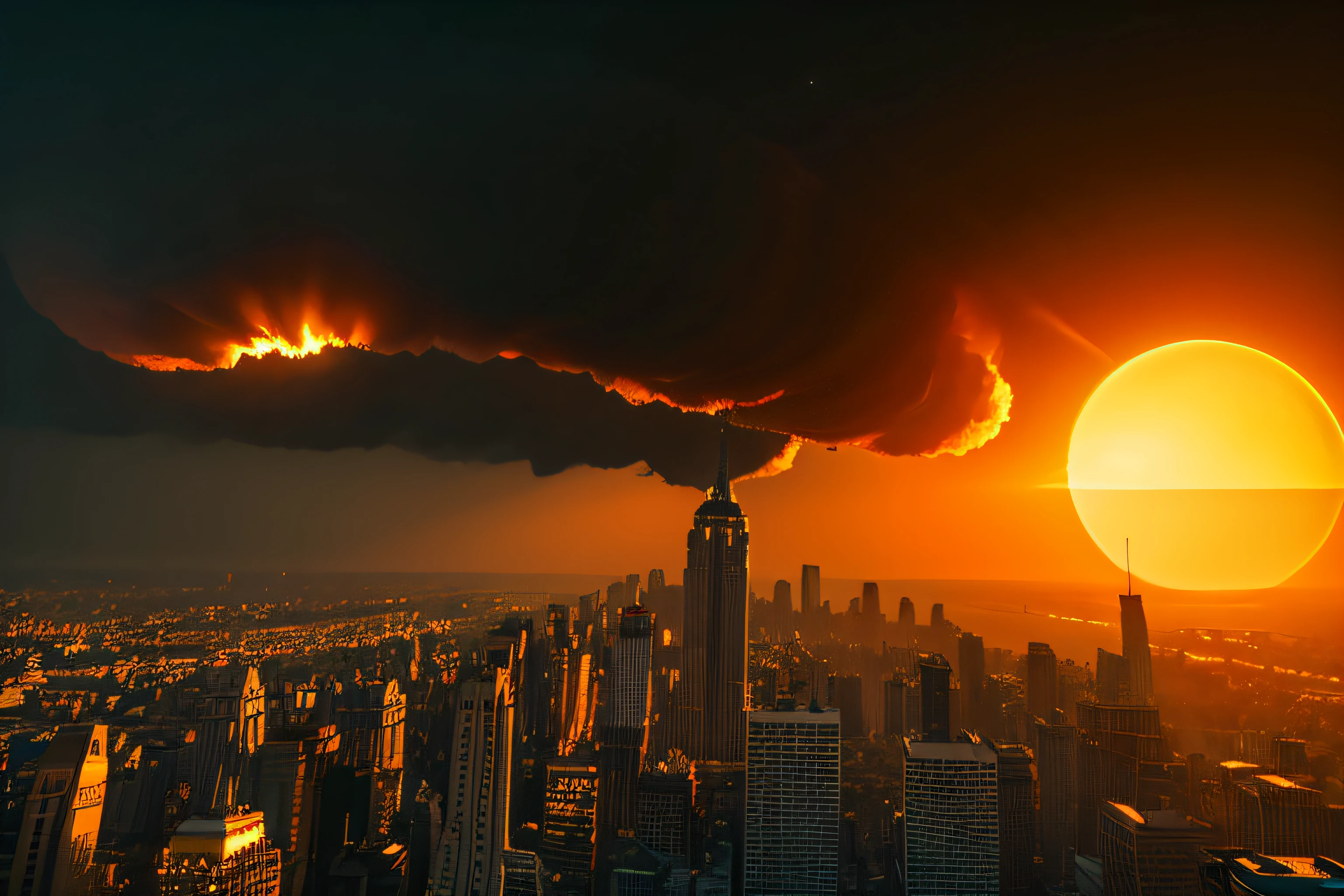 Giant Sun、8K、high-level image quality、sun approaching earth、Temperatures will rise and humans will no longer be able to live there、the sun is approaching、Realistic image、cities are disappearing、Scary images、Burning city area、urgent
