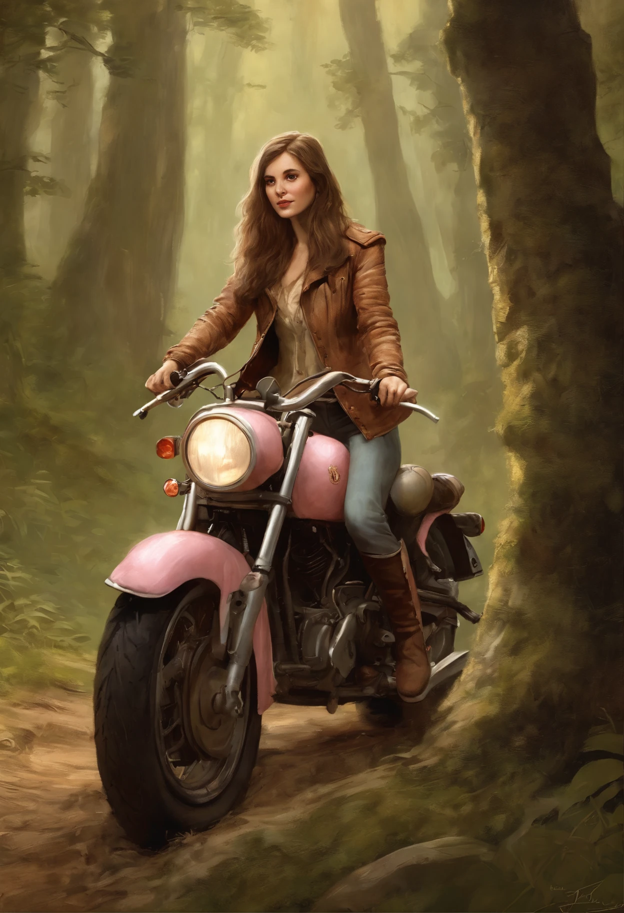 真实感, dark fantasy style, John Tolkien style, Small painting by Jean-Baptiste Monge, fluffy gopher girl with big breasts and big ears, looks like a gopher girl, Wearing a short pink leather jacket....., Jeans, Standing next to a motorcycle, woods, Forest Trail, Big Oak, jean - baptiste monge, anthropomorphic --ar 2:3 --testp -optimistic;