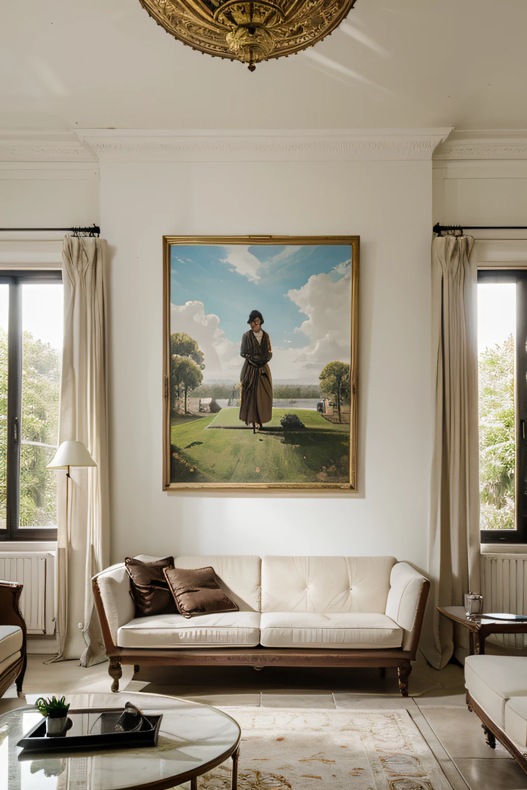 LIVING ROOM OF MANSION WITH A PAINTING IN THE MIDDLE, ESTANCIA ABIERTA, PAREDES BLANCAS Y MINIMALISTA