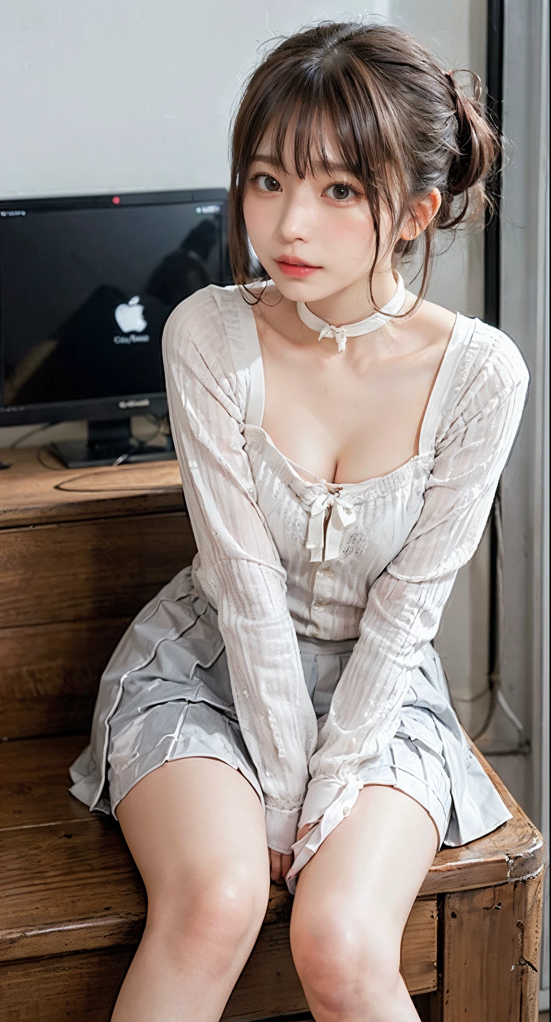 (((Kamimei、Mouth ajar))),(((((put your hair up、learning forward、kiss face、light gray sock skirt、 White blouse、high-heels))))),((In the office、In the company、In the reception room、frombelow))、masutepiece, 1girl in, best qualtiy, Ultra Detail, (shiny), (Small)、(((with blush cheeks,))),Ray tracing,Perfect white skin:1.2),reflection, up looking_で_viewer, blush, bow ribbon, yellow_Eyes, White choker, Low_Twin-tailed、Japan's cutest 28-year-old beautiful girl、Small ribbons in the hair、Contrast Legs