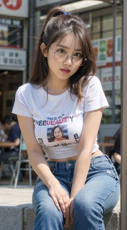 A naked 18 year old girl wearing glasses walking through the street, very long hair