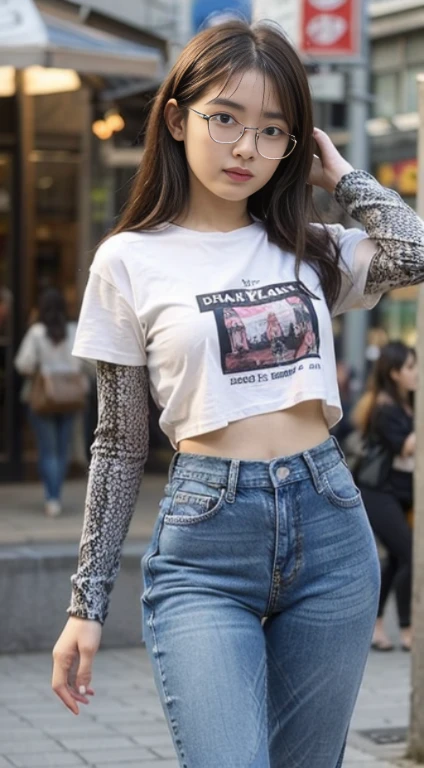 ((bestquality, 10, masterpiece: 1.3)), Fat Body Beauty: 1.4, Chinese Beauty, busty: 1.6, Rounded thighs: 1.6, long-haired, Highly detailed face and skin texture, delicate eyes, 二重まぶた, round face, thin lips, smile, Rich shape, Fair-skinned, (t-shirt,Long jeans : 1.6), standing pose, Sitting posture, round glasses, (Random environment, in the city,Street Market,Tokyo Metropolitan Area,japan,),