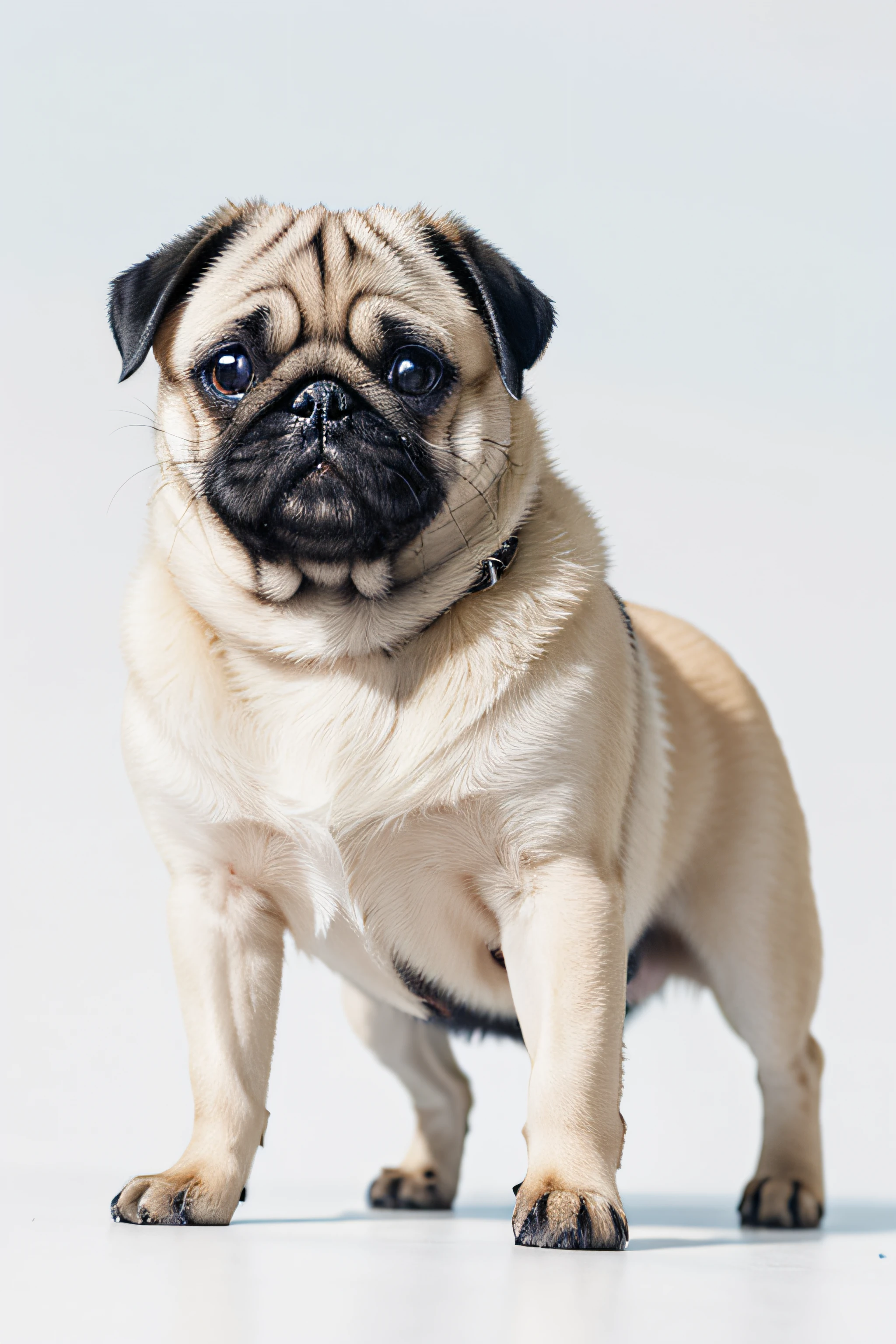 Pug smiling and running in front of white background