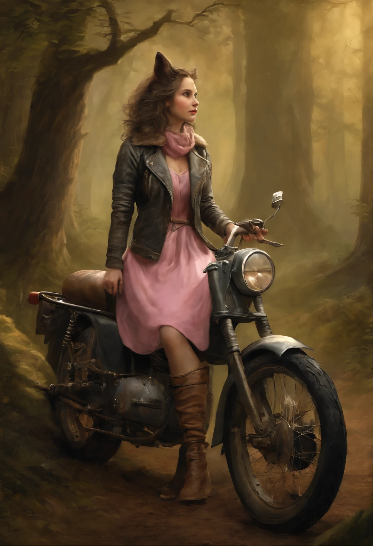 真实感, dark fantasy style, John Tolkien style, Small painting by Jean-Baptiste Monge, fluffy gopher girl with big breasts and big ears, looks like a gopher girl, Wearing a short pink leather jacket....., Jeans, Standing next to a motorcycle, woods, Forest Trail, Big Oak, jean - baptiste monge, anthropomorphic --ar 2:3 --testp -optimistic;