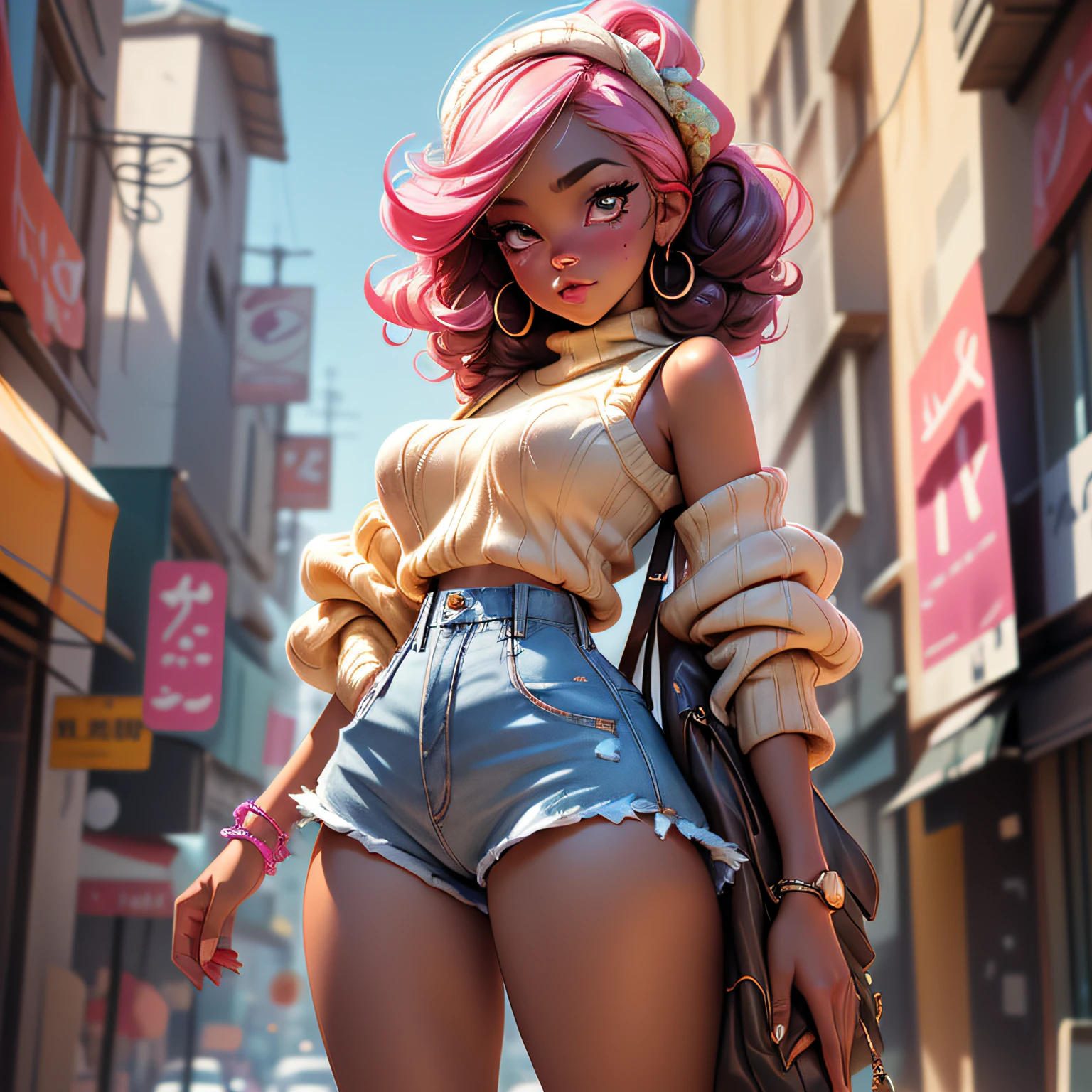 masterpiece, 4k, detalied, beautiful, wide hips, thick thighs, long pink hair, blushing, thick makeup, pretty, short hair, earrings, jewelry, bracelet, (((PINK HAIR, [PERFECT REALISTIC EYES]))), ultra realistic 8k CG, perfect face, flawless, clean, masterpiece, professional artwork, famous art, cinematic lighting, perfect face, beautiful face, beautiful eyes, (((perfect female body, narrow waist))), real, intricate detail, delicate pattern, sexy, charming, seductive, seductive, erotic, charming, hair ornament, earrings, bracelet, armband, looking at the viewer, flowing hair, wind swept hair, long bangs, bangs, exposed thighs, exposed breasts, nipple_outline, is showing her butt, has small butt, has small tits, is wearing revealing clothes,looks very erotic, scenic background, looks realistic, body is petite, has perfect face, body is flawless, has seductive look in her eyes, has tramp stamp, tattoo, in style of fred perry