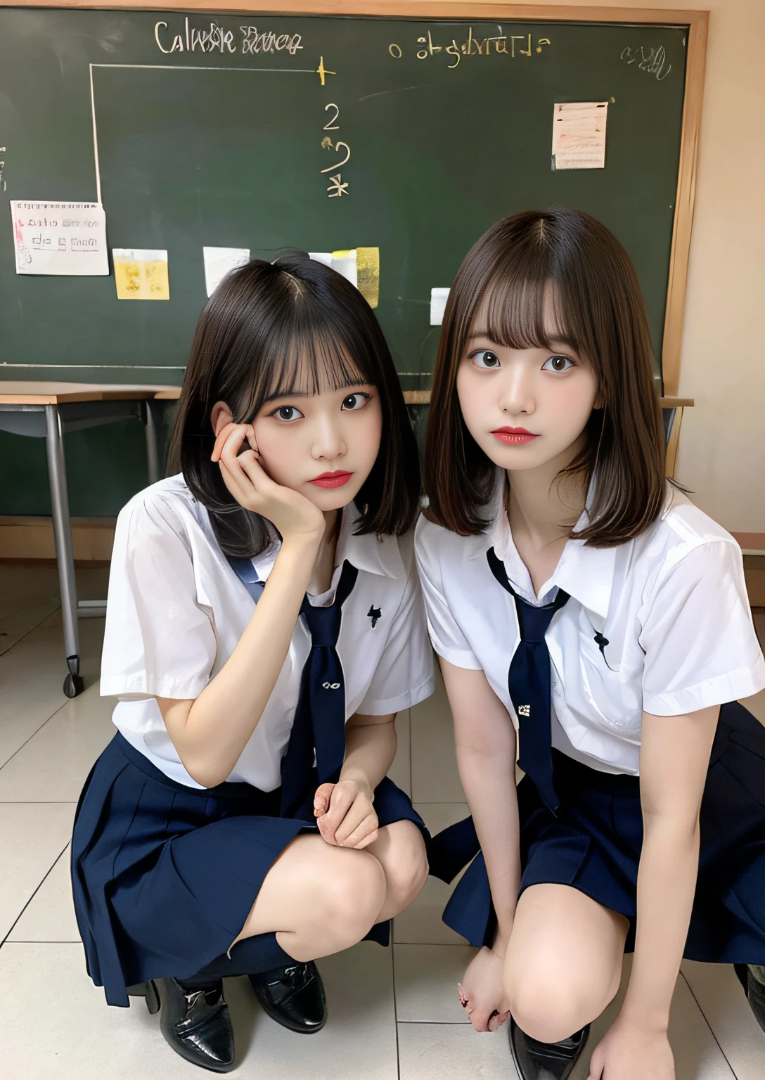 Female duo、finely detail, hight resolution, hightquality、Bob Layer Cut、Perfect dynamic composition, Beautiful detailed eyes, Bob Layer Cut、glares、irate、feeling of disgust、happen、Irritated、From Verase、From below、From below、Squatting、school classrooms、long legged、despise、Looking at the camera、Random Poses、Natural Color Lip, 23years old、two individuals、shipping、Transparent skin、School Uniforms、Random Poses、Glowing hair、Inside the school、Fashionable clothes、Shibuya、Gelato Pique、a room、friend with beautiful legs、