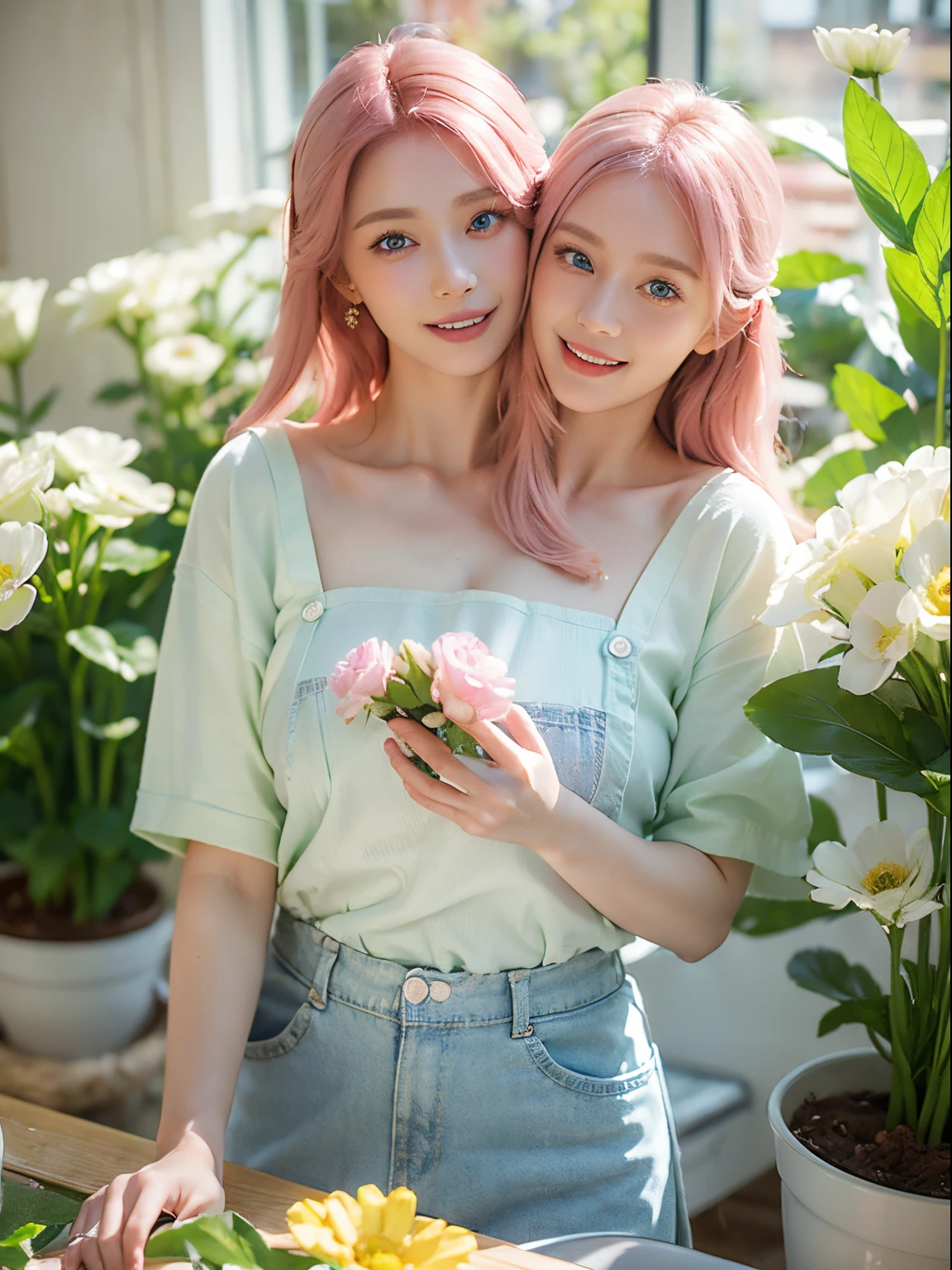 (masterpiece, best quality), best resolution, (2heads:1.5), 1girl, florist, kokomi, pink hair, blue eyes, green apron with flower patterns, white t-shirt, blue pants, open mouth, greeting a customer, flower shop interior