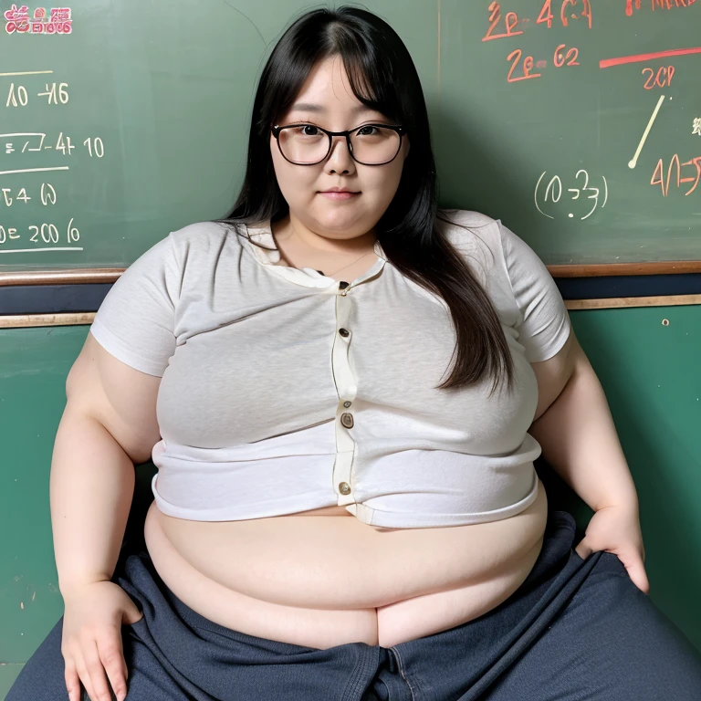 Female middle aged Chinese math teacher obese with glasses very obese 200 lbs round ugly old rough skin