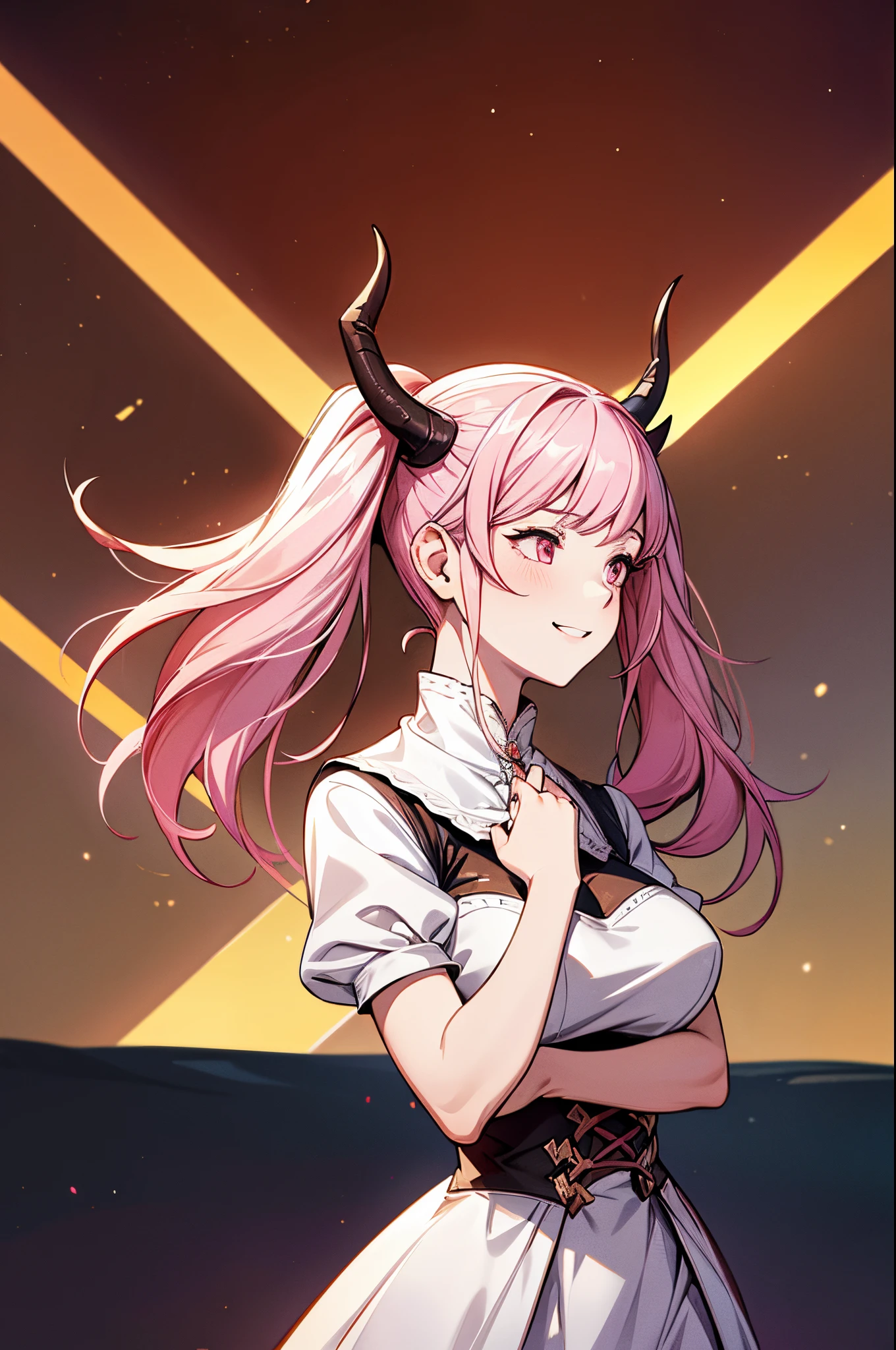 (masterpiece),(intricate details), 1girl, hilda from fire emblem, hilda, young woman in a conservative white dress, pigtails, pink hair, pink eyes, dragon horns, [[horns]], horned, big horns, arknight style, arknights character, art, 4k art, artstation, hd art, hd, ethereal background with starmaps, smiling, looking to the horizon