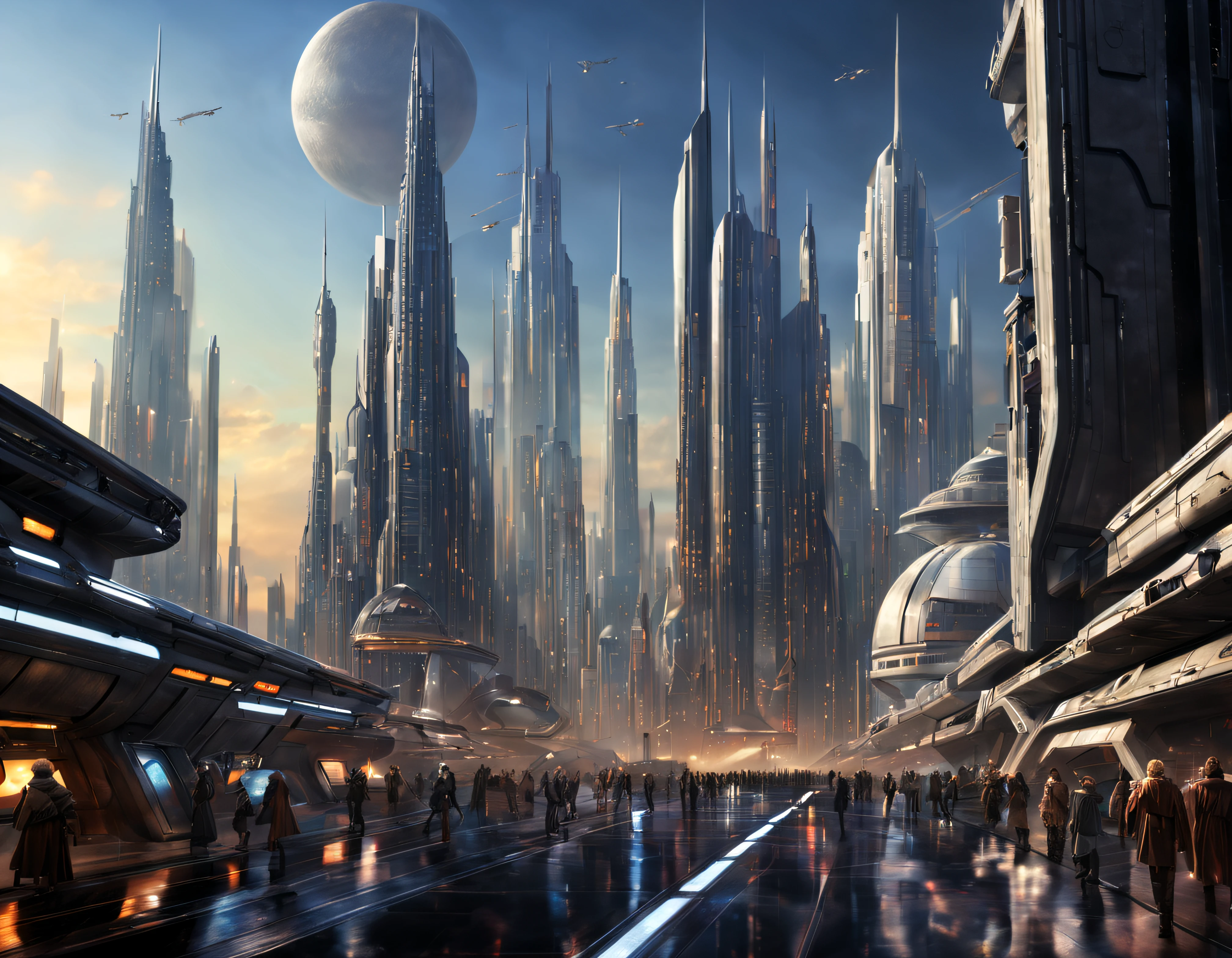 (The city of Coruscant from Star Wars as designed by Doug Chiang), futuristic fantasy city with immense buildings of technological design (que forman una avenida infinita), edificios compactor no difuminados con aspecto metalico, luces en ventanas en edificios, iluminacion diurna con sol, con estructuras acristaladas espectaculares, (con colores vivos). pavimento ensolado (sin brillo). gente paseando. imagen bien definida con muchos edificios juntos. imagen nitida bien definida 8k. los edificios llegan alta el fondo.,8k. imagen cinematografica