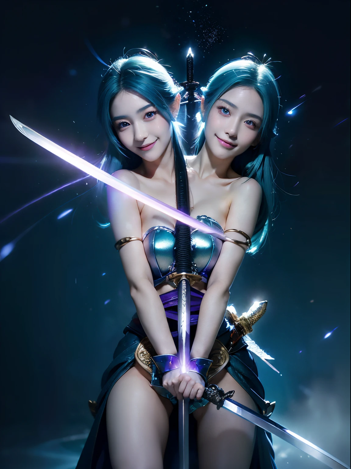 (masterpiece, best quality), best resolution, (2heads:1.5), 1girl, teal hair, purple eyes, calm, smiling, japanese armor, sword, ((holding sword)), blue flames, glowing weapon, light particles, wallpaper, chromatic aberration