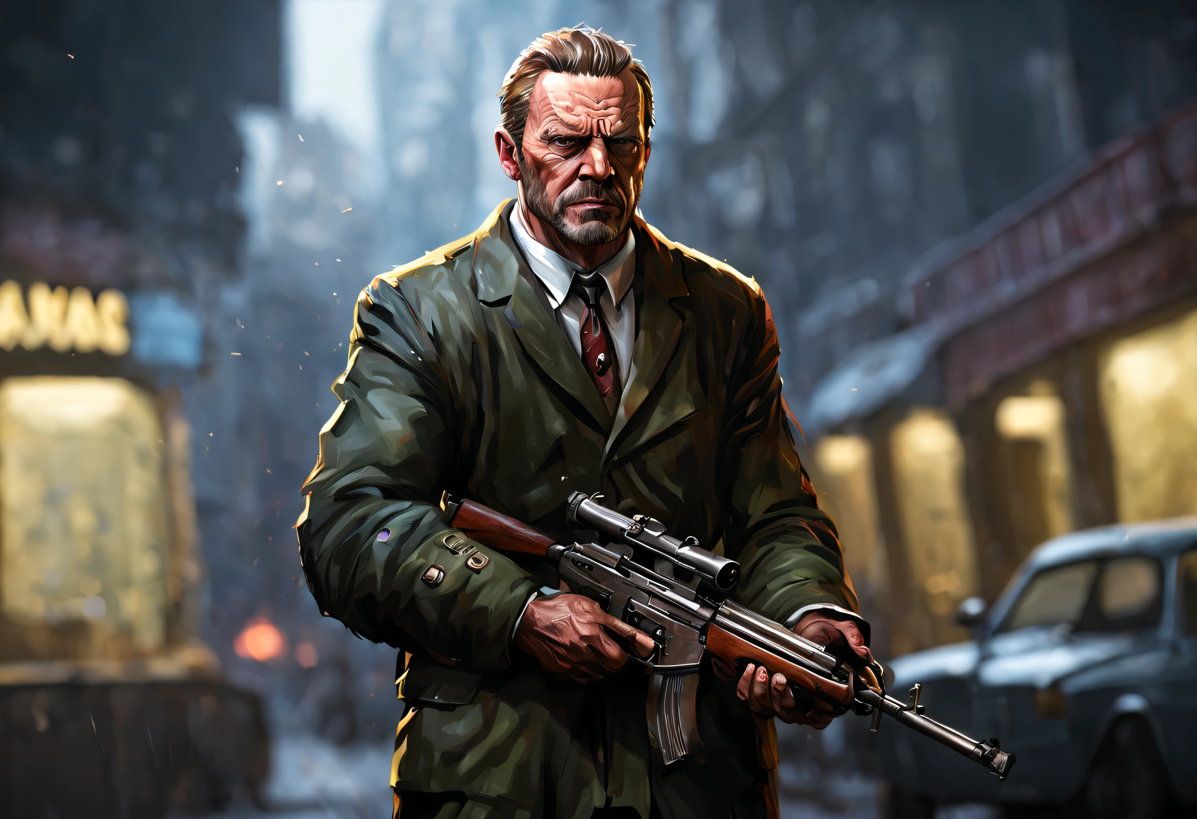 A character with gta 5 style, gta 5, age 32, mafia, holds AK47, M16, Shaw off shotgun, pistol, single man, man in suit, evening scene, professional ominous concept art, by artgerm and greg rutkowski, an intricate, elegant, highly detailed digital painting, concept art, smooth, sharp focus, illustration, in the style of simon stalenhag, wayne barlowe, and igor kieryluk.