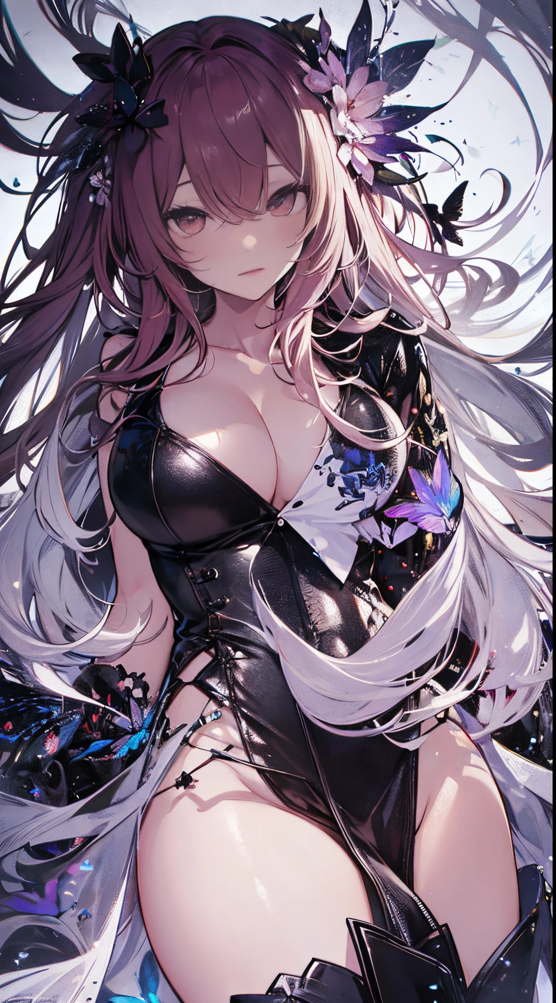 ((tmasterpiece:1.4, Best quality at best))+, (hyper-detailing)+, (exquisite red eye:1.5)+, (Detailed ears:1.5), (cute girls), (White undershirt,black long pants:1.5), Tight black silk, Very long hair, (red flower:1.2), pale-skinned, (red cloth:1.5), (Black Martin boots:1.4), town,There are dead trees around, 耳Nipple Ring, dense fog,drifting snow, delicate legs, blue fluorescent butterfly,(warrior:1.1), (dawn light:1.2), ), (closeup cleavage:1.1), the only person, Hairbell, red tinted hair, hair covering one eye, V-shaped eyebrows, Gloom (Expressing the), from back, from the above, Best quality at best, A high resolution, high detal, high high quality, 16k