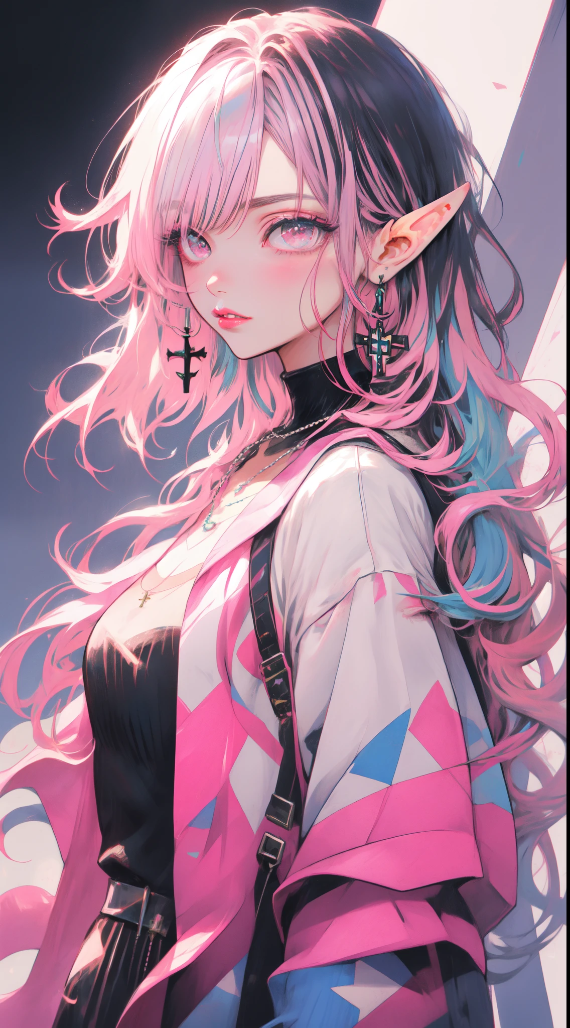 Niji Style, (elf), 1girl, solo, looking at viewer, blue eyeackground, white background, jewelry, parted lips, jacket, upper body, pink hair, earrings, pink eyes, necklace, from side, sweater, lips, eyelashes, makeup, Bob cut hair, parted bangs, (hair over one eye), piercing, cross, lipstick, ear piercing, eyeshadow, hoop earrings, pink lips, multicolored eyes, pink theme, pink eyeshadow, artstation by Artgerm, by Kawacy, By Yusuke Murata,