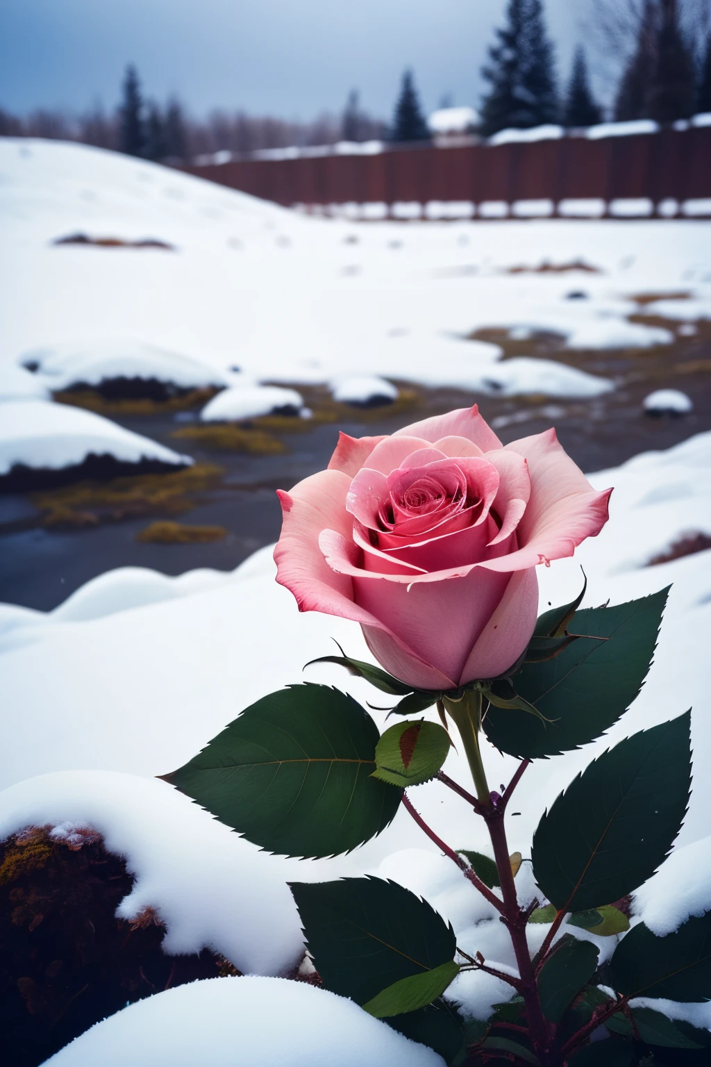 There a pink rose growing in the bushes, The leaves and petals are covered with dust and snow,shot with a canon 35mm lens, photo of a rose, taken with a pentax k1000, taken with a pentax1000, Two 5 mm ports, taken with kodak portra, rose twining, Pink rose, 35mm shot