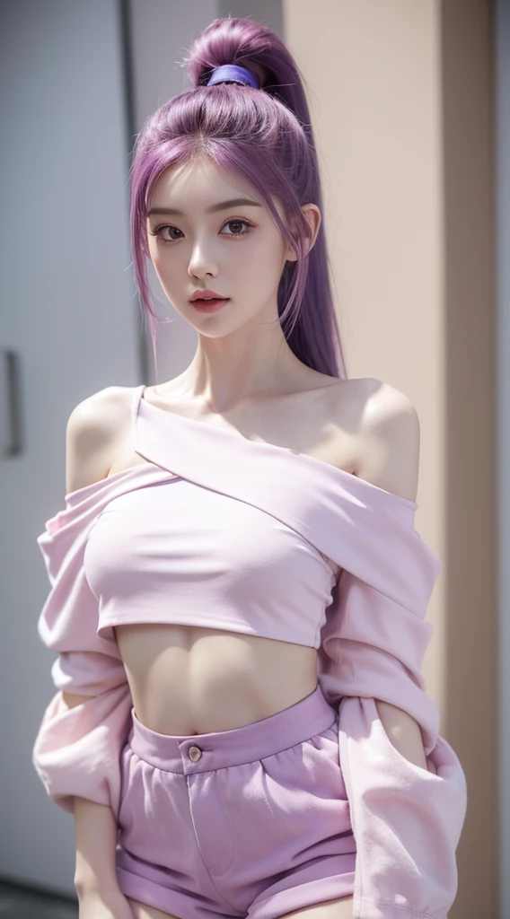 A beautiful woman standing, wearinfg ((off shoulder crop top, hotpants)), pale skin, smooth pale skin, skin tune pink, perfect body, detailed body,((round big breast, small titts, big hips)), cute face, purple hair, pigtail hair, super detailed, 8k