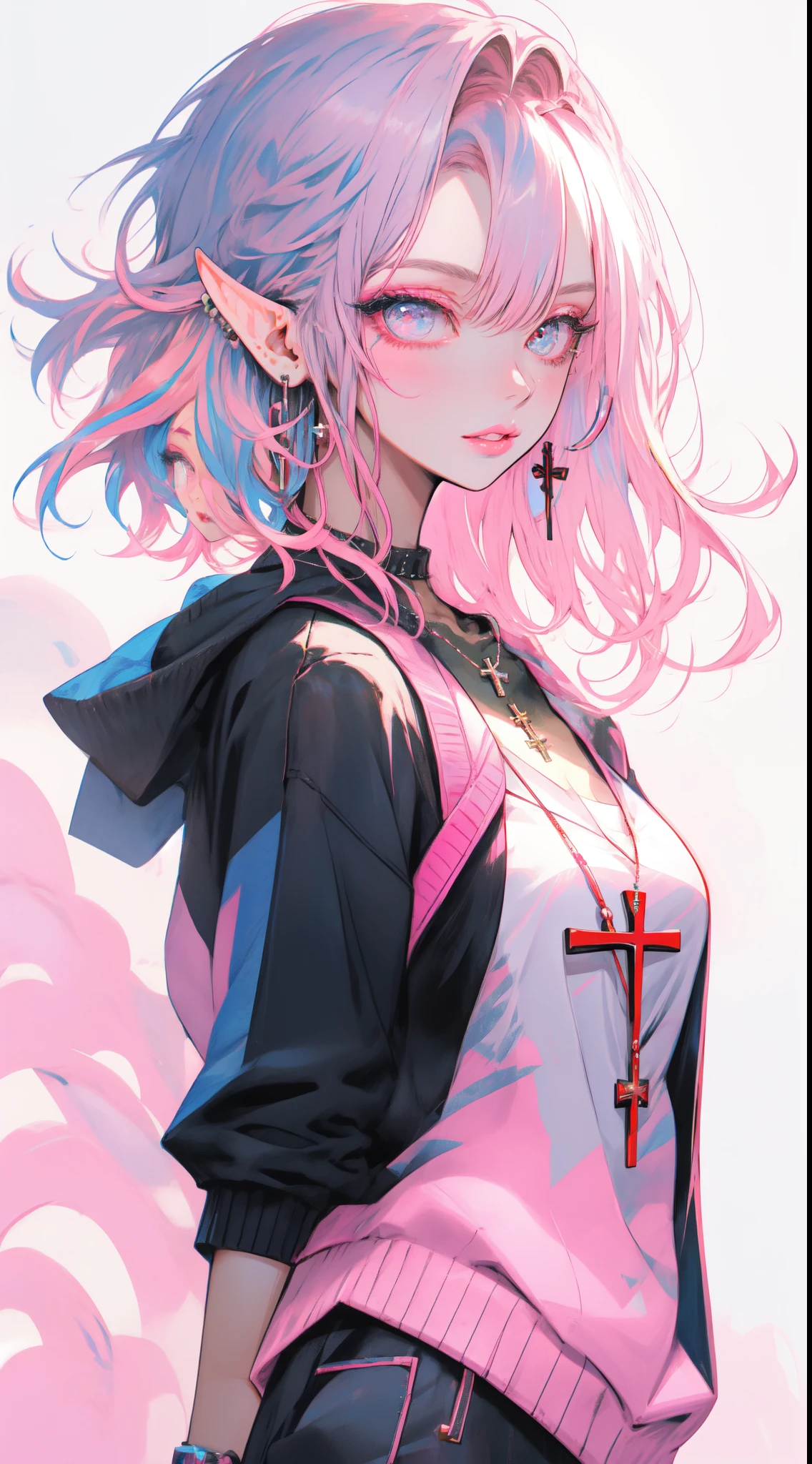 Niji Style, (elf), 1girl, solo, looking at viewer, blue eyeackground, white background, jewelry, parted lips, jacket, upper body, pink hair, earrings, pink eyes, necklace, from side, sweater, lips, eyelashes, makeup, Bob cut hair, parted bangs, (hair over one eye), piercing, cross, lipstick, ear piercing, eyeshadow, hoop earrings, pink lips, multicolored eyes, pink theme, pink eyeshadow, artstation by Artgerm, by Kawacy, By Yusuke Murata,