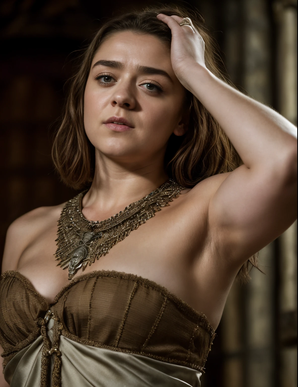 Foto RAW, Arya Stark, Extremely gorgeous lady, Arya Stark PLAYED BY MAISIE WILLIAMS, Queen Arya Stark, she  a mature woman now, milf, sexy mediaeval battle dress, gladiator woman, body, 40 years old Woman, body revealing costumes, perky breast, big natural breast, erotic costumes, lusty physique, seductive figure can capture every people's attention, Game of thrones costumes, revealing captivating figure, Mediaeval costumes, revealing clothes, A tomboy, she would rather fence than dance, warrior queen , game of thrones screen caps, Game of Thrones Series, (pele altamente detalhada: 1.2), 8k UHD, DSLR, soft-lighting, alta qualidade, grain of film, Fujifilm XT3, flawless picture, highly detailed, detailed Beauty, intricate, 32k, sharp picture,