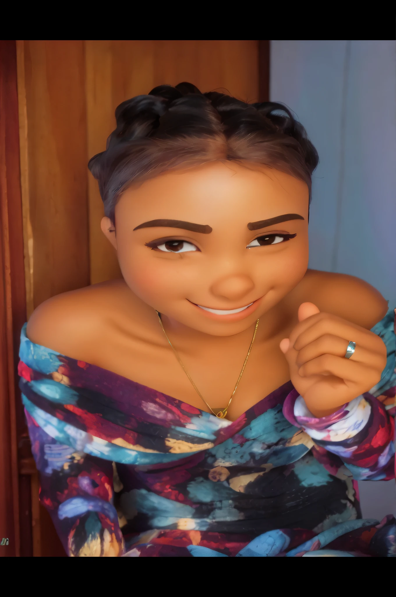 Uma mulher morena, sorriso, colar, vestido colorido, estilo disney pixar, alta qualidade, melhor qualidade