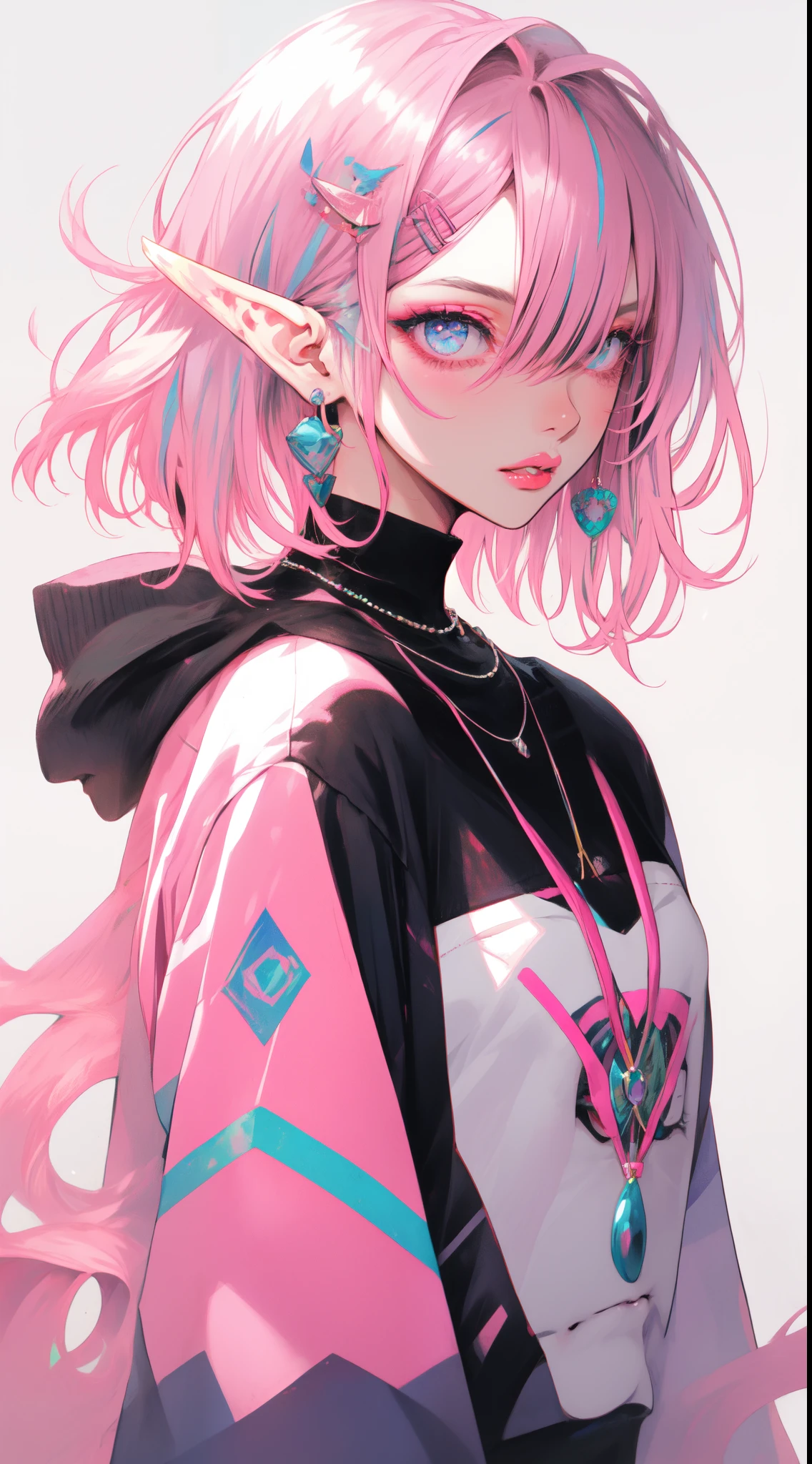 Niji Style, (elf), 1girl, solo, looking at viewer, blue eyeackground, white background, jewelry, parted lips, jacket, upper body, pink hair, earrings, pink eyes, necklace, from side, sweater, lips, eyelashes, makeup, Bob cut hair, parted bangs, (hair over one eye), piercing, lipstick, ear piercing, eyeshadow, hoop earrings, pink lips, multicolored eyes, pink theme, pink eyeshadow, artstation by Artgerm, by Kawacy, By Yusuke Murata,