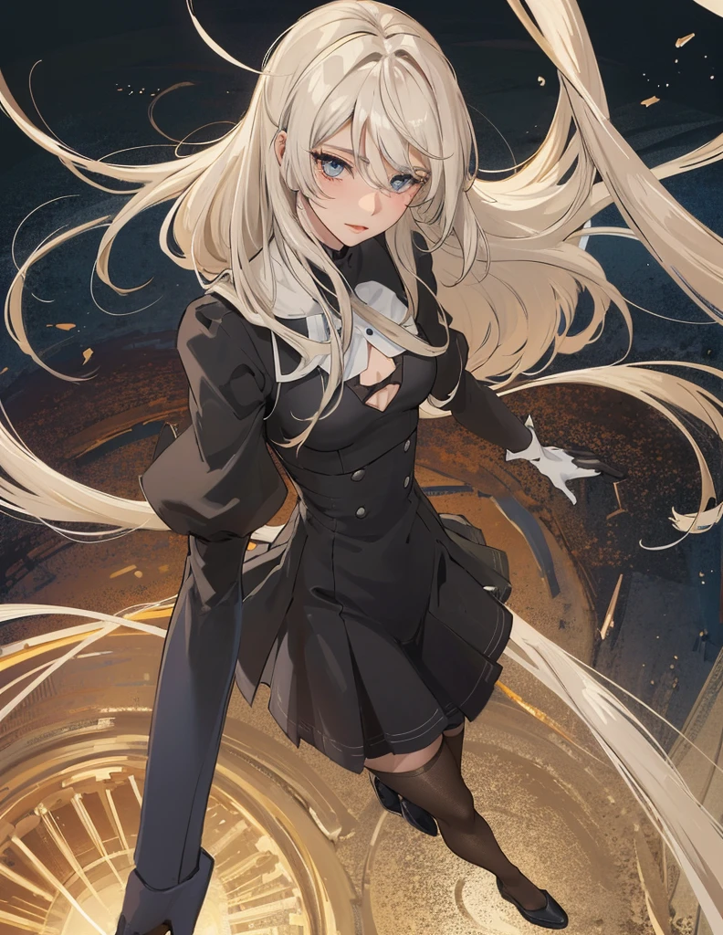 (best quality,4k,highres),realistic,portrait:1.2,girl with silver hair,red pupils that emit light,glowing eyes,black uniform,pleated skirt,long legs,separated lips,blushing face,toe,fabulous chest,full body,nightscape,sea,sun,sunlight;blonde hair,blue eyes,gorgeous woman,long legs,JK school uniform,perfect golden ratio figure,cute,black silk dress,skirt,shirt,long,perfect chest,little blushing,black stockings,beautiful legs,beautiful girl,tender