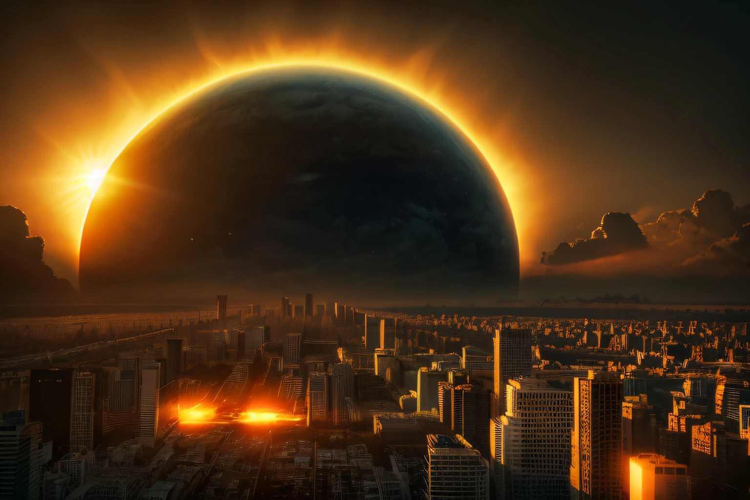 Giant Sun、8K、high-level image quality、sun approaching earth、Temperatures will rise and humans will no longer be able to live there、the sun is approaching、Realistic image、cities are disappearing、Scary images of urban areas、urgent、last of the earth、Hopeless future、impossible situation、nffsw、scienc、fiction、Scorching hell