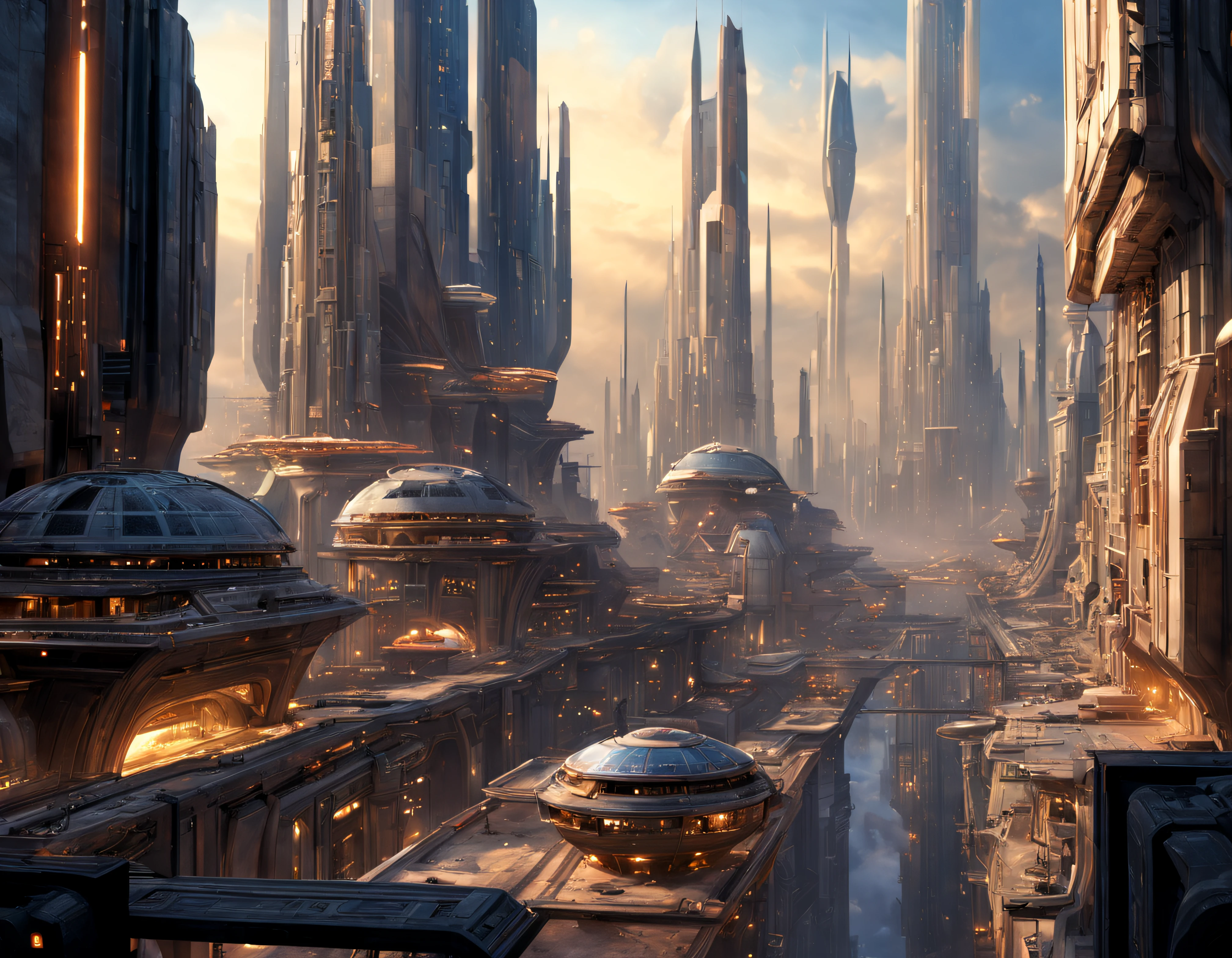 (The city of Coruscant from Star Wars as designed by Doug Chiang), futuristic fantasy city with immense buildings of technological design (que forman una avenida infinita), edificios compactor no difuminados con aspecto metalico, luces en ventanas en edificios, iluminacion diurna con sol, con estructuras acristaladas espectaculares, (con colores vivos). pavimento ensolado (sin brillo). gente paseando. imagen bien definida con muchos edificios juntos. imagen nitida bien definida 8k. los edificios llegan alta el fondo.,8k. imagen cinematografica