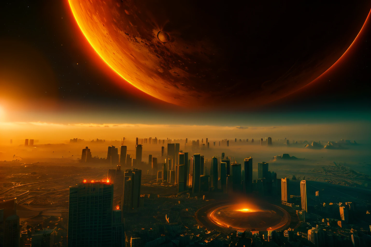Giant Sun、８K、high-level image quality、sun approaching earth、Temperatures will rise and humans will no longer be able to live there、the sun is approaching、Realistic image、cities are disappearing、Scary images of urban areas、urgent、last of the earth、Hopeless future、impossible situation、nffsw、scienc、fiction、Scorching hell