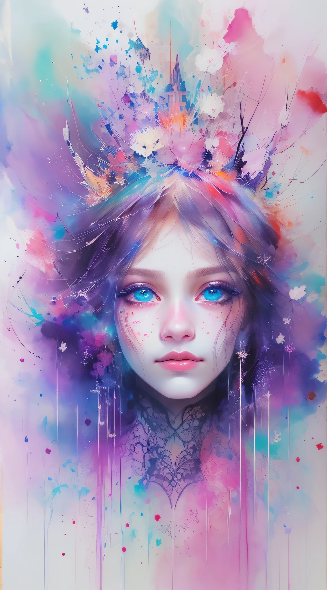 This a dreamy and ethereal picture. by Agnes Cecil(Agnes Cecile)produce whimsical thoughts、strong queen,Have beautiful, detailed and realistic eyes. Includes ink drops and fairy lights. except eyes,The colors used should be soft and pastel, Shadows should be bold and true. Includes glow in the dark, glittery, slight light, and intricate details. This a high quality image from world class artist Agnes Cécile. ((tmasterpiece))