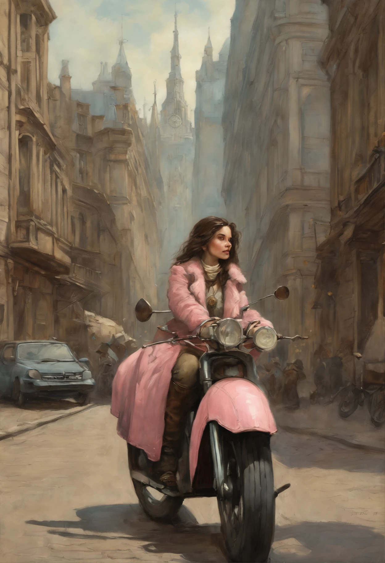 真实感, dark fantasy style, John Tolkien style, Small painting by Jean-Baptiste Monge, fluffy gopher girl with big breasts and big ears, looks like a girl, long wavy dark hair, In a short pink leather jacket....., Jeans, Standing next to a motorcycle, The city, megalopolis, city trail, big house, glass skyscraperJean-Baptiste Monge, anthropomorphic --ar 2:3 --testp -optimistic;