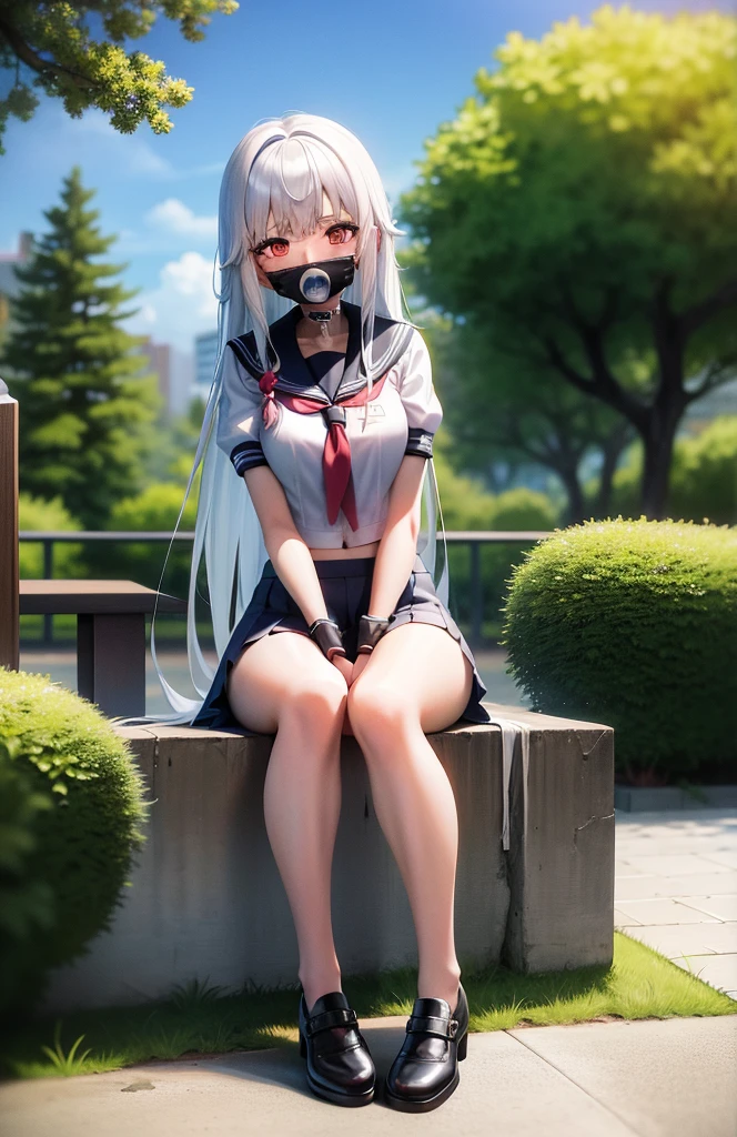 Long hair anime girl sitting in the park，Silent，Wearing red stockings, Anime manga girl,Silent，Anime barbie wearing white bikini, Silent，surreal school girl, surreal school girl, smooth anime cg art, Anime girl squats, Silent，Squatting anime beauty, Silent，A white bikini，Detailed pubic hair.Silent，Silent，gag、Spreader       _ports、skin indentation、BDSM，yoke:1.21),