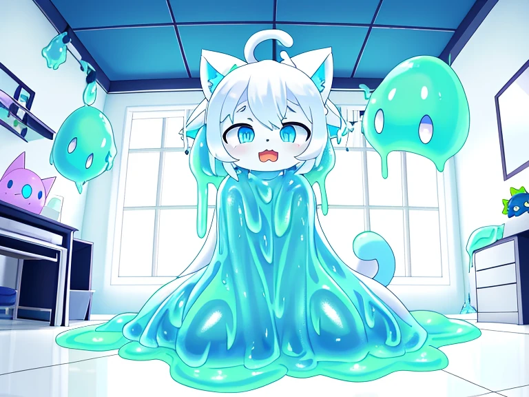 White cat kneeling on the floor in the room，Slime-covered slime falls from ceiling onto cat&#39;heads，horrified expression，eBlue eyes！A bright room！！！slimes！