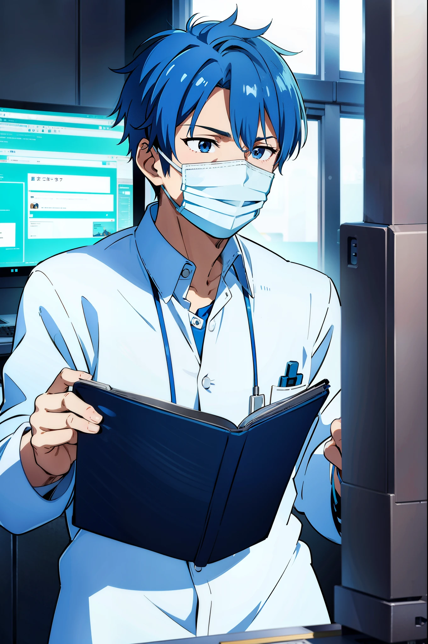 Male medic with messy blue hair, wearing a facemask, conducting tests in a laboratory