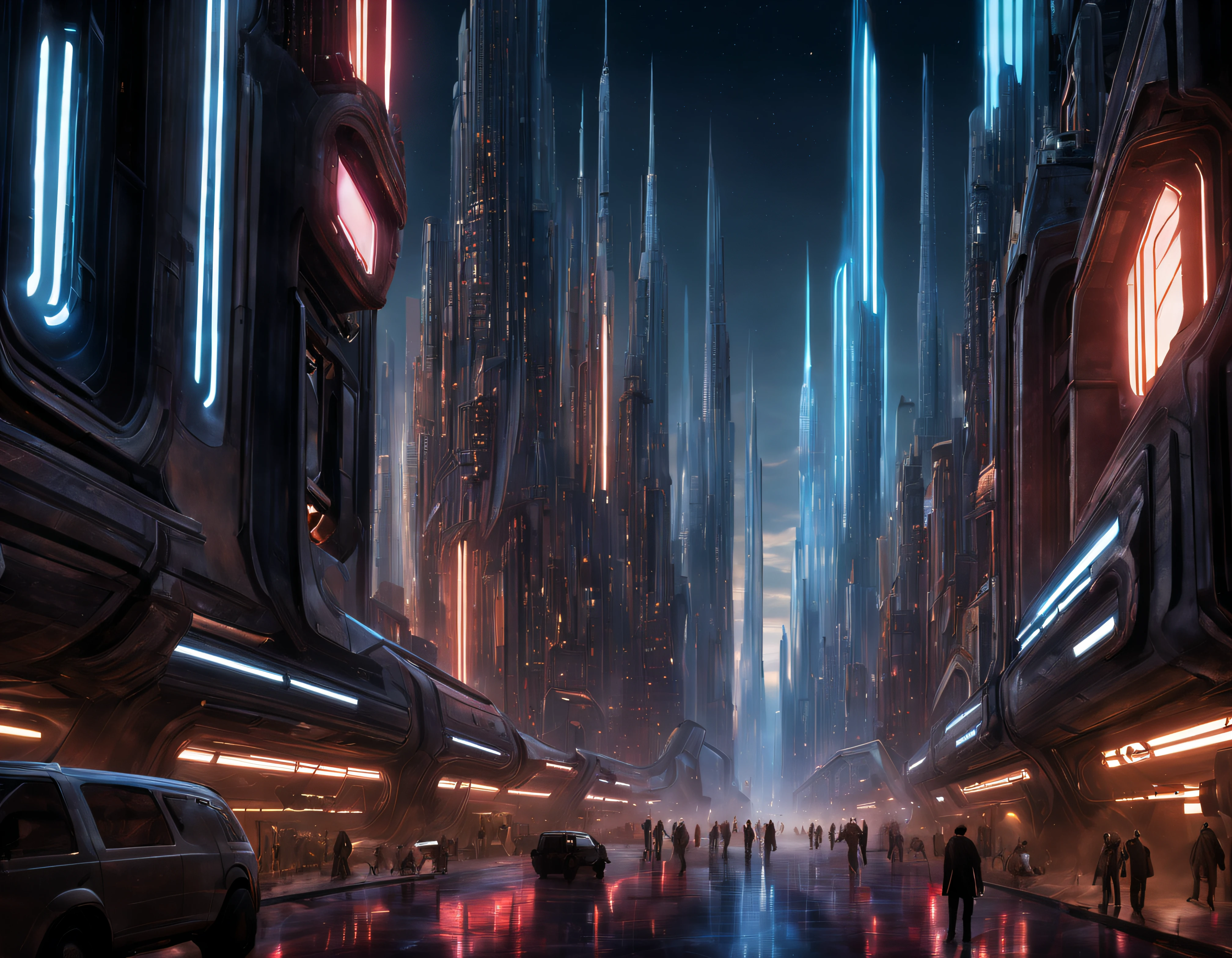 (The city of Coruscant from Star Wars as designed by Doug Chiang), futuristic fantasy city with immense buildings of technological design (que forman una avenida infinita), edificios compactor no difuminados con aspecto metalico, luces en ventanas en edificios, iluminacion diurna con sol, con estructuras acristaladas espectaculares, (con colores vivos). pavimento ensolado (sin brillo). gente paseando. imagen bien definida con muchos edificios juntos. imagen nitida bien definida 8k. los edificios llegan alta el fondo.,8k. imagen cinematografica
