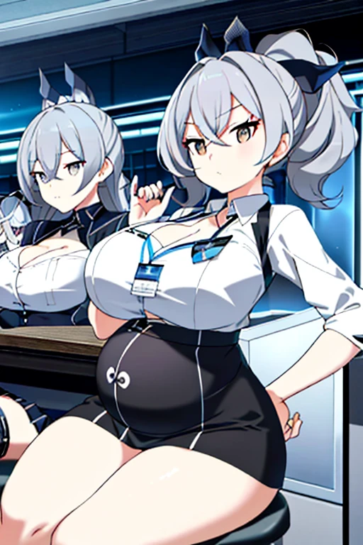 Silver Wolf， Horn Demon Star Orbit， 1girll， 独奏， （（white  shirt））， black thighhigns， nedium breasts，， 校服， office backdrop， a black skirt， pleatedskirt， office room， hair between eye， hair adornments，big cleavage breasts， long whitr hair， looking at viewert， silver short nails， Gray eye， 独奏， Thighs, thighs， upper legs， （（tmasterpiece））， Sat down， a chair， desks， Computer on the desk， name badge， ID tags， inside in room， Be red in the face， a sexy pose， with hands behind her back，（（Office top）），pregnant belly，Pregnant belly