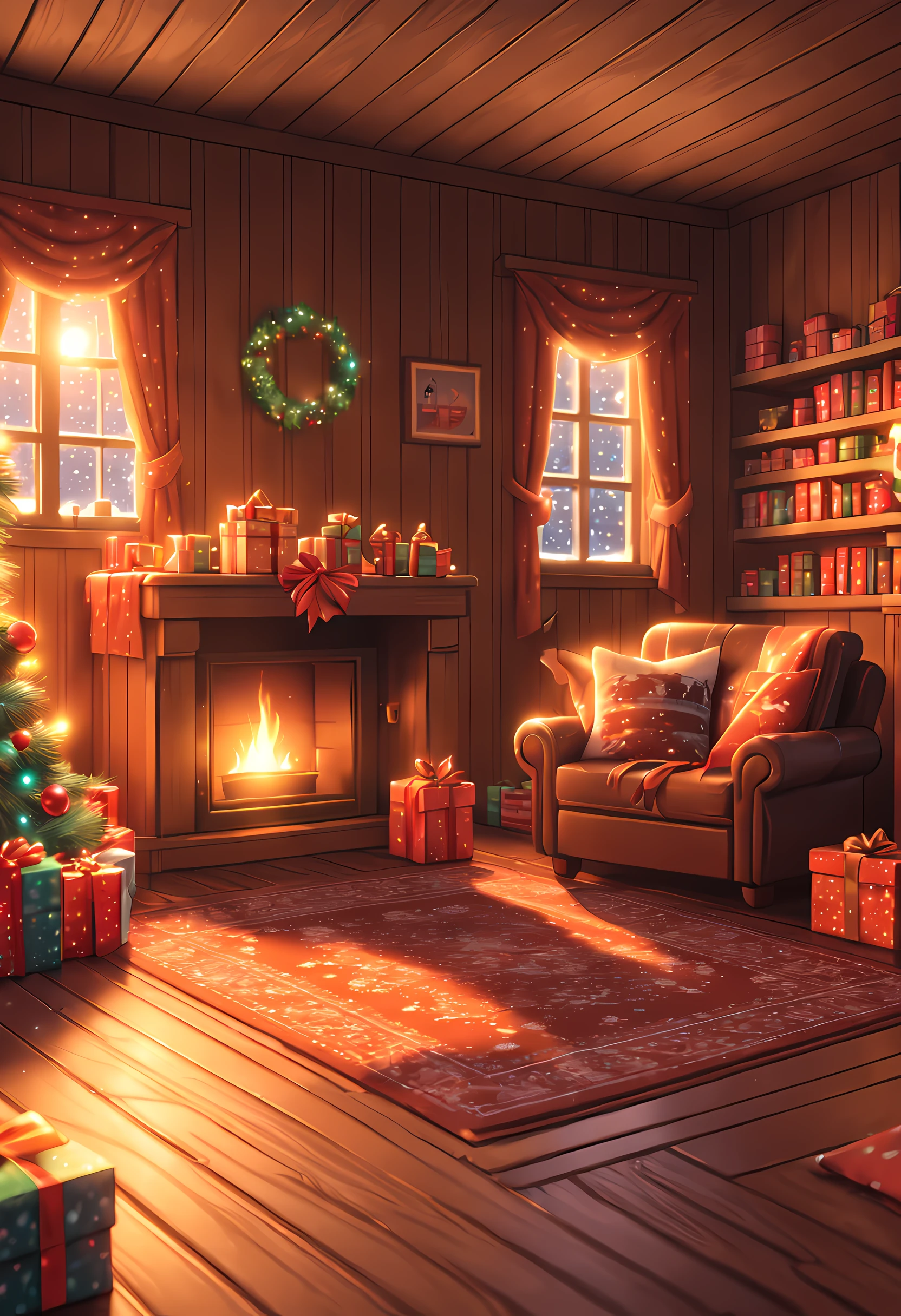 indoor, Christmas, 1 christmas tree, (((hot chocolate))), Night, desk, bookshelf, rug, 1 fireplace, (Warm Light), wooden walls, wooden floors, ((((gift wrappers on floor, scraps on floor, unwrapped gifts)))), (((close up, steam from hot chocolate))), ((((pixel art)))), depth of field, god rays, ray tracing, reflection light, Futurism, UHD, accurate, ((((masterpiece))))