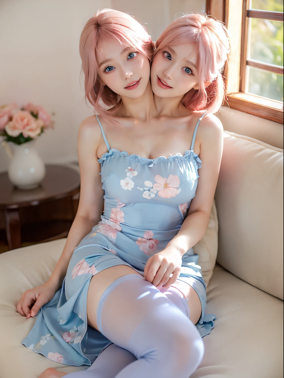 (masterpiece, best quality), best resolution, (2heads:1.5), 1girl, kokomi, pink hair, blue eyes, floral tight dress,, blue leggings, open mouth, greeting, snuggling each other, kissing,